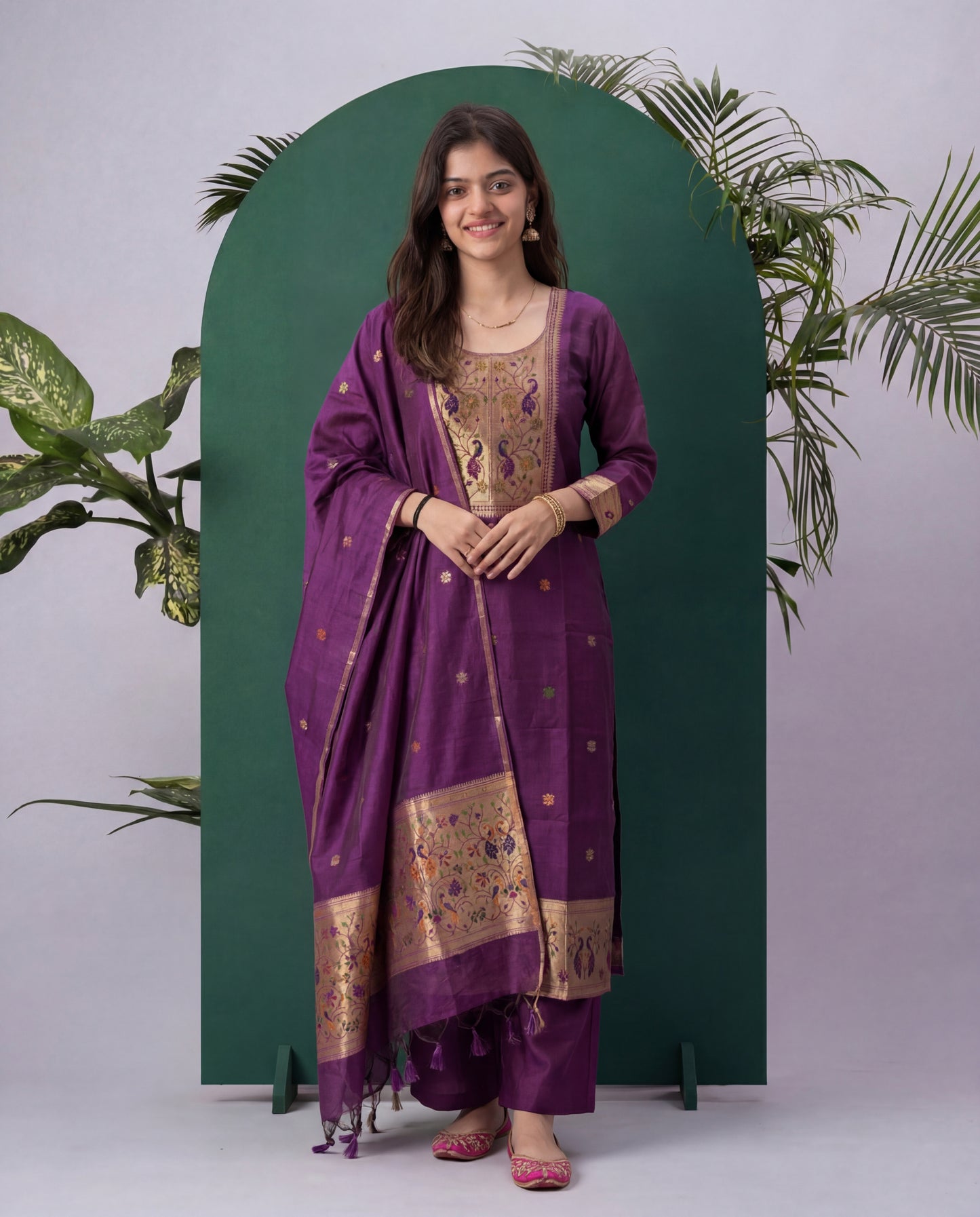 Peacock Grace Paithani Wine Muga Cotton Stitched Suit Sets