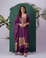 Peacock Grace Paithani Wine Muga Cotton Stitched Suit Sets