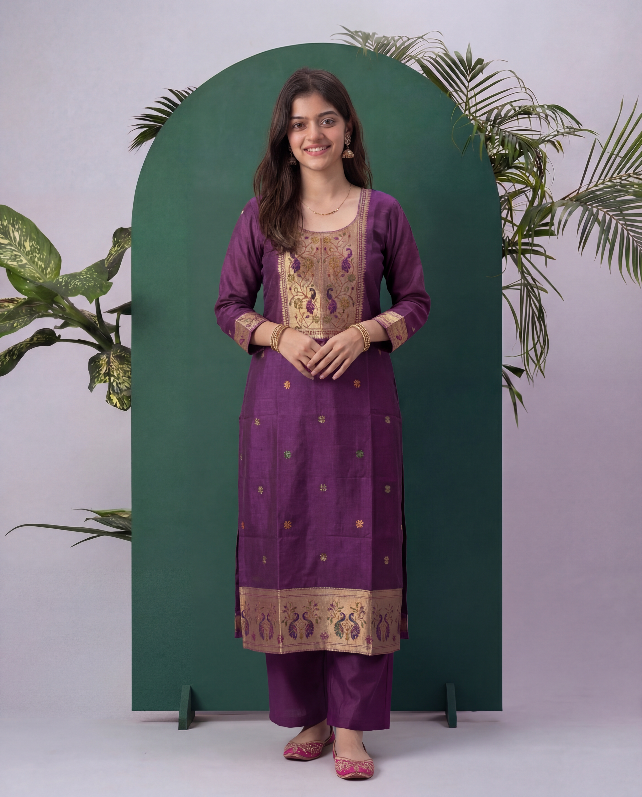 Peacock Grace Paithani Wine Muga Cotton Stitched Suit Sets