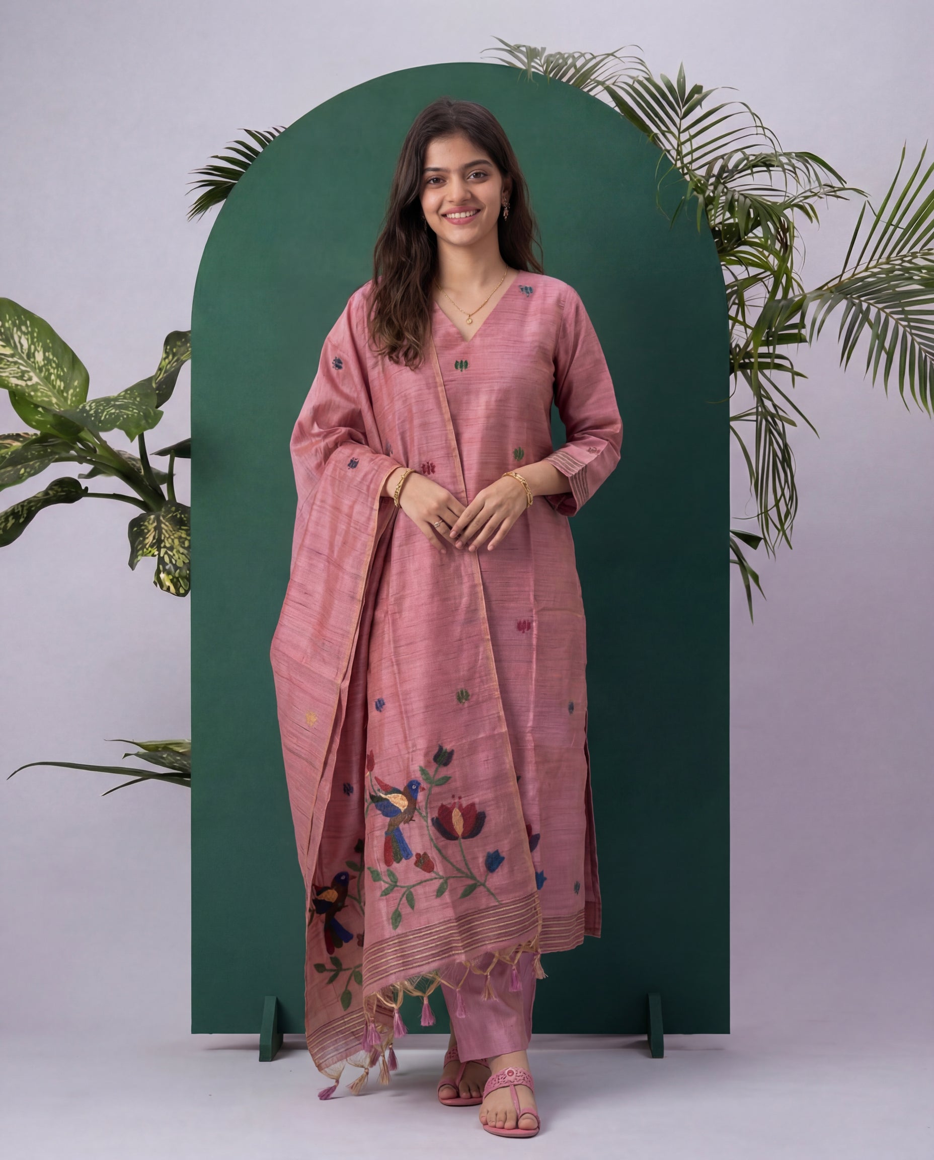 Sable Silk Pink Tussar Silk Stitched Suit Sets