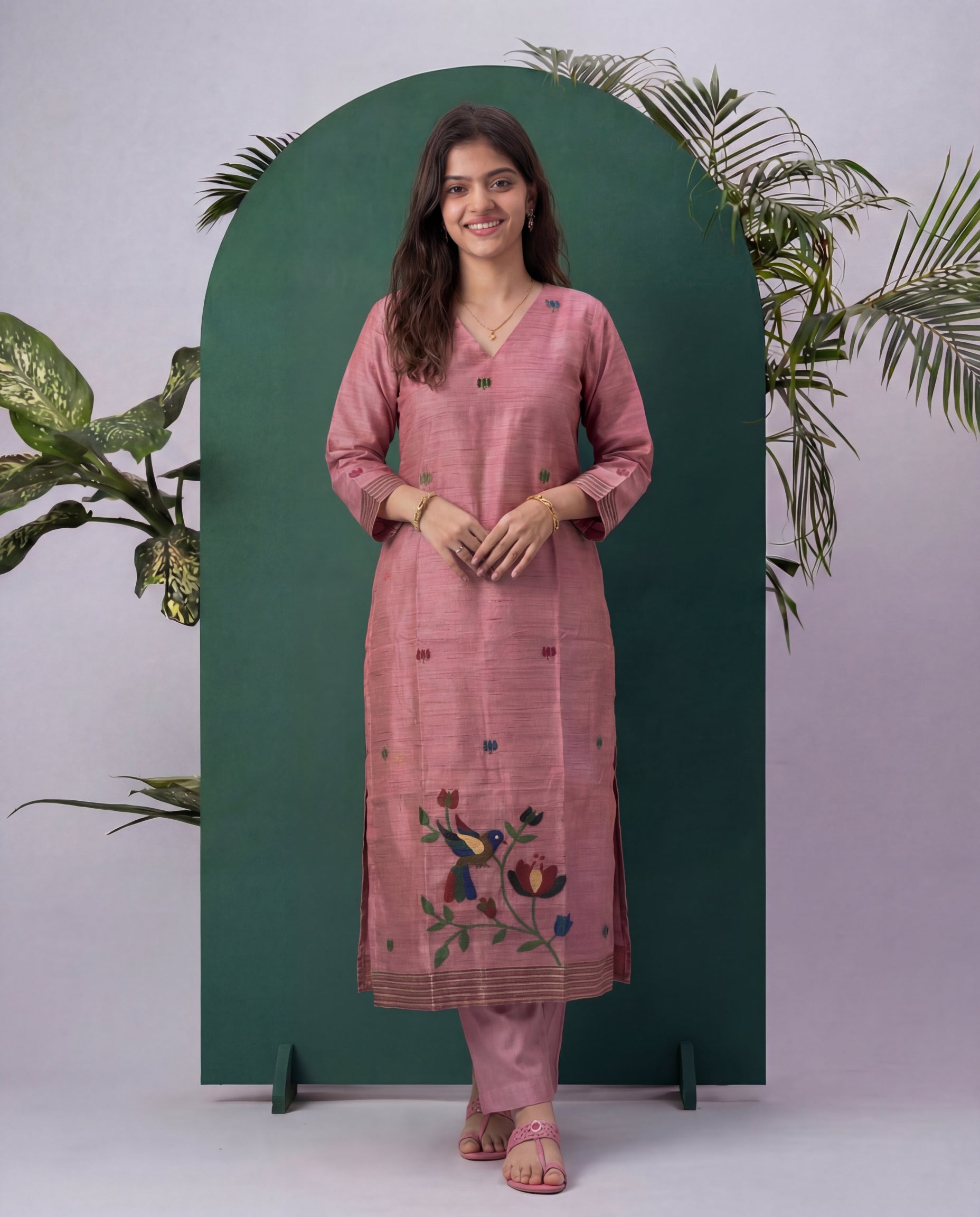 Sable Silk Pink Tussar Silk Stitched Suit Sets