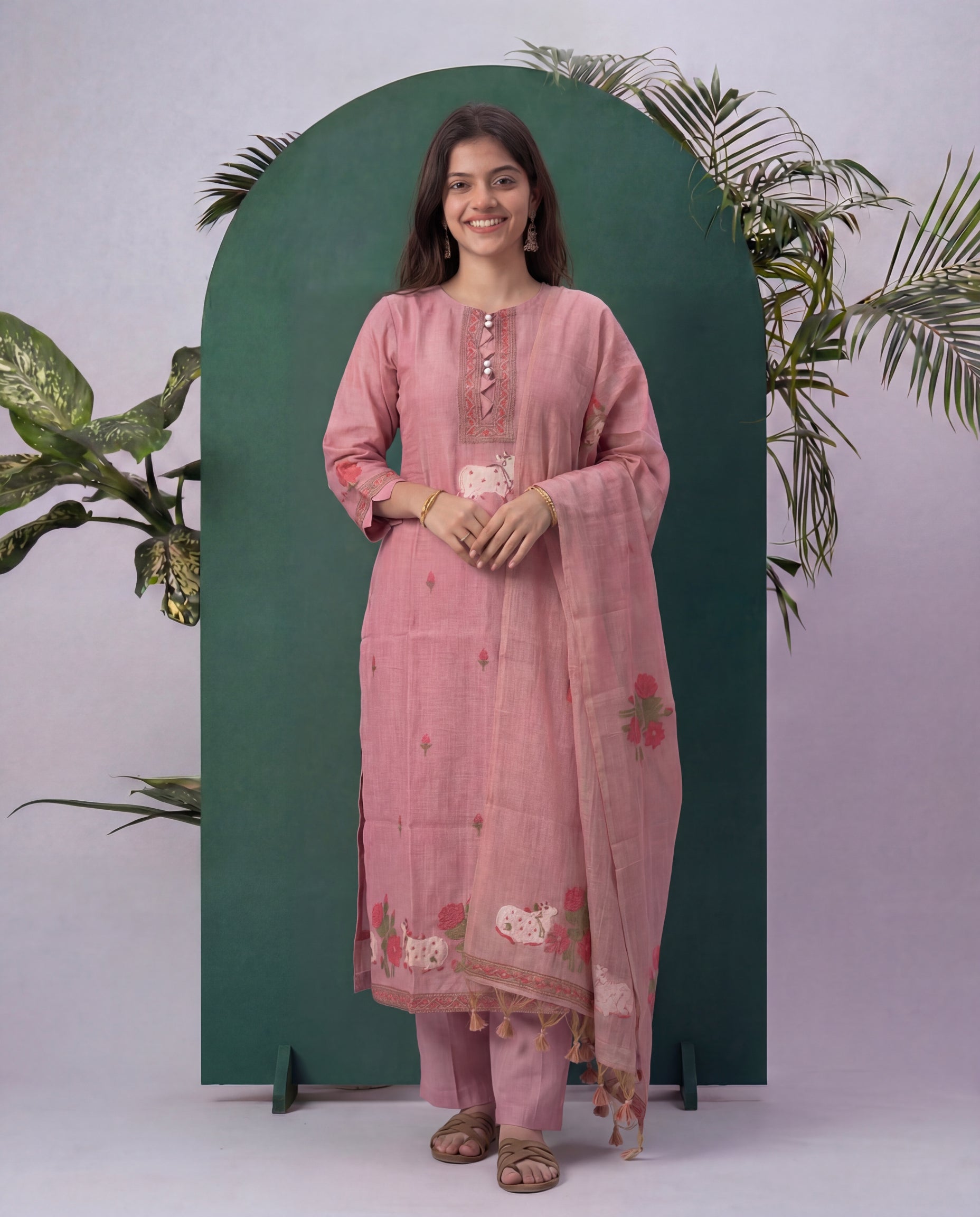 Bare Embellish Pink Muga Cotton Stitched Suit Sets