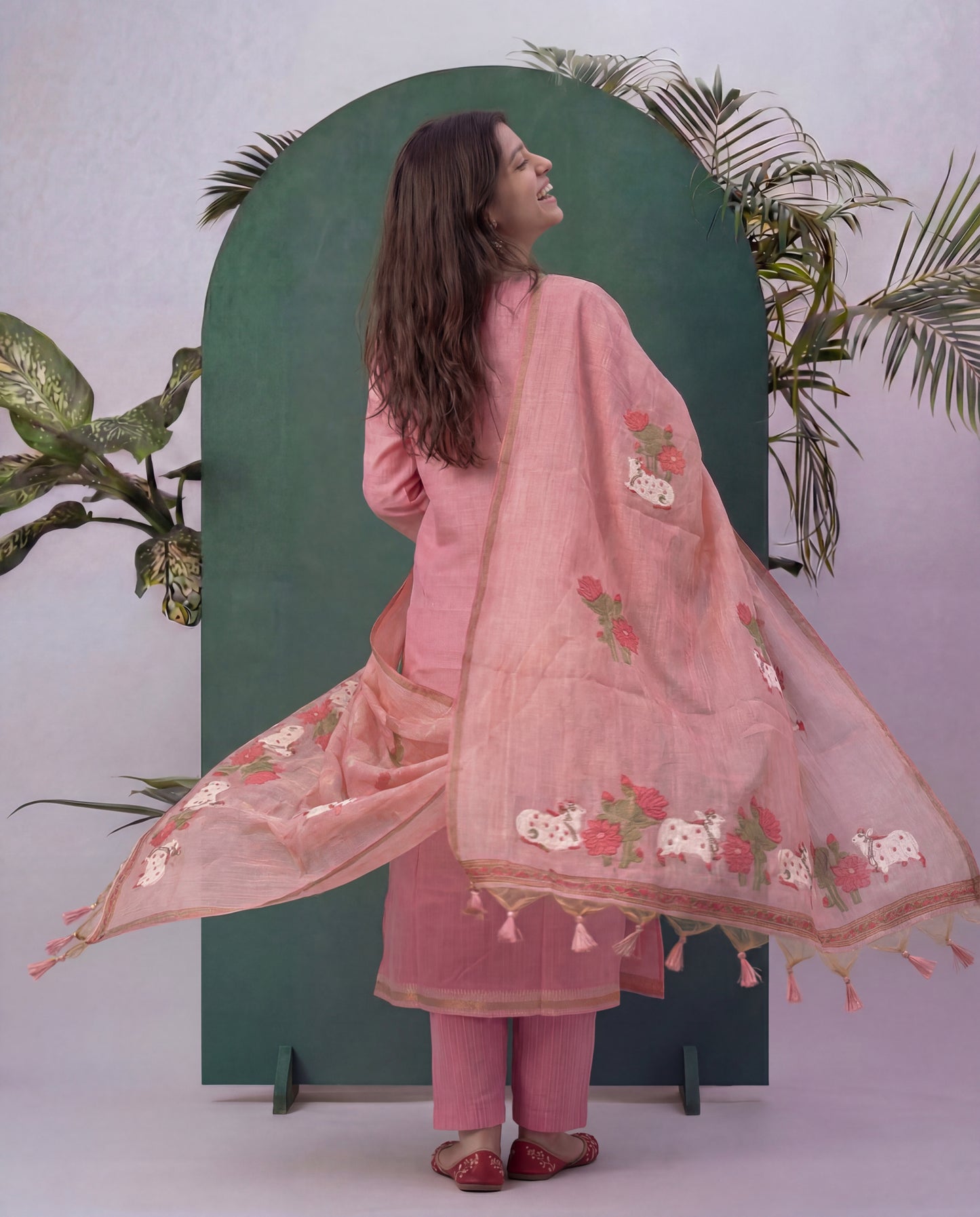 Bare Embellish Pink Muga Cotton Stitched Suit Sets