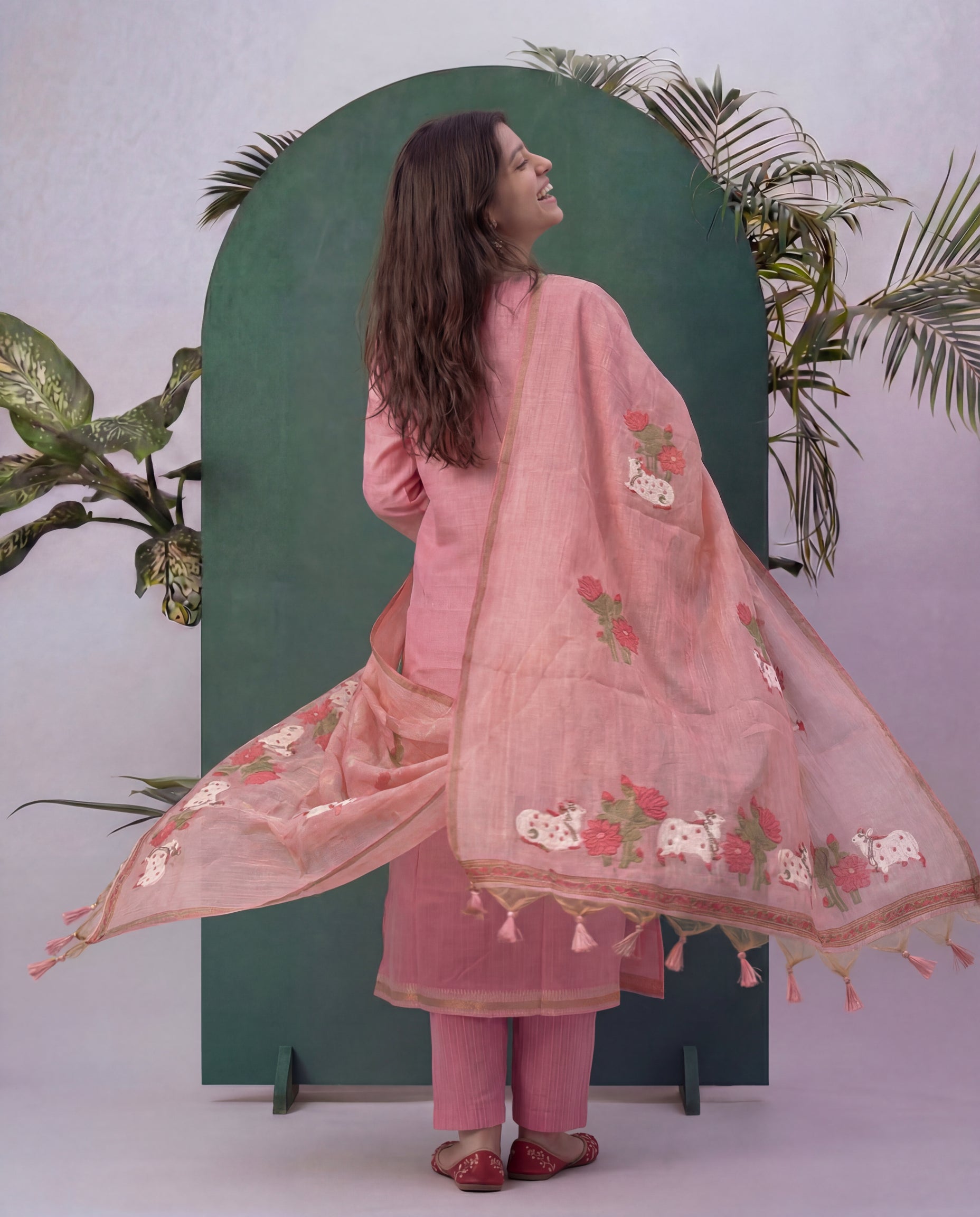 Bare Embellish Pink Muga Cotton Stitched Suit Sets