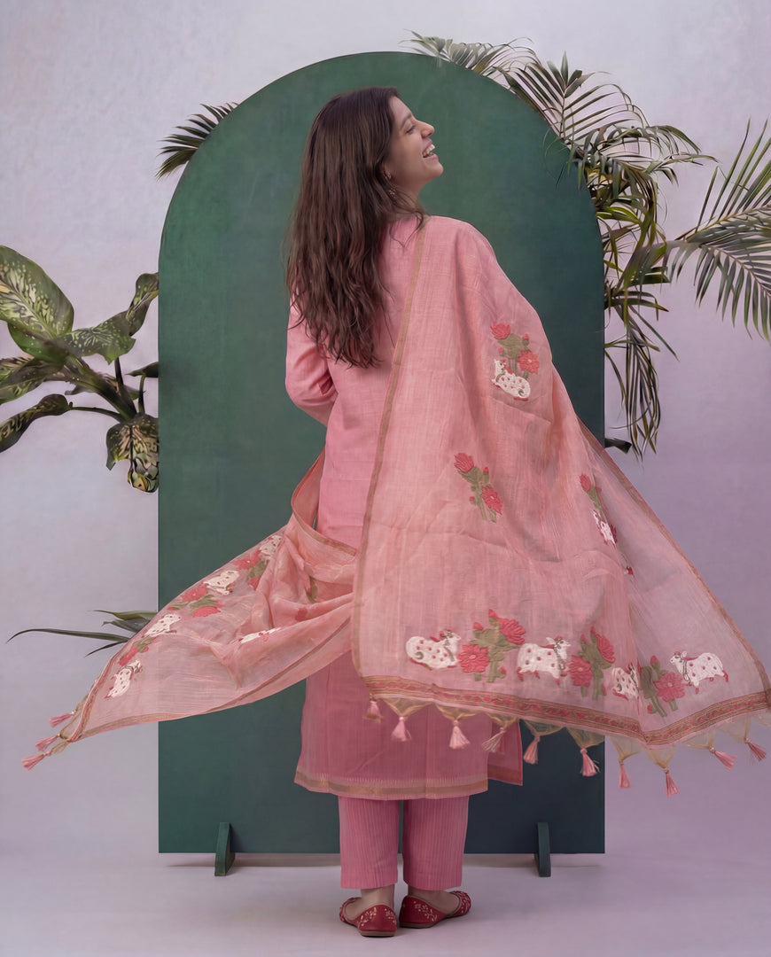 Bare Embellish Pink Muga Cotton Stitched Suit Sets