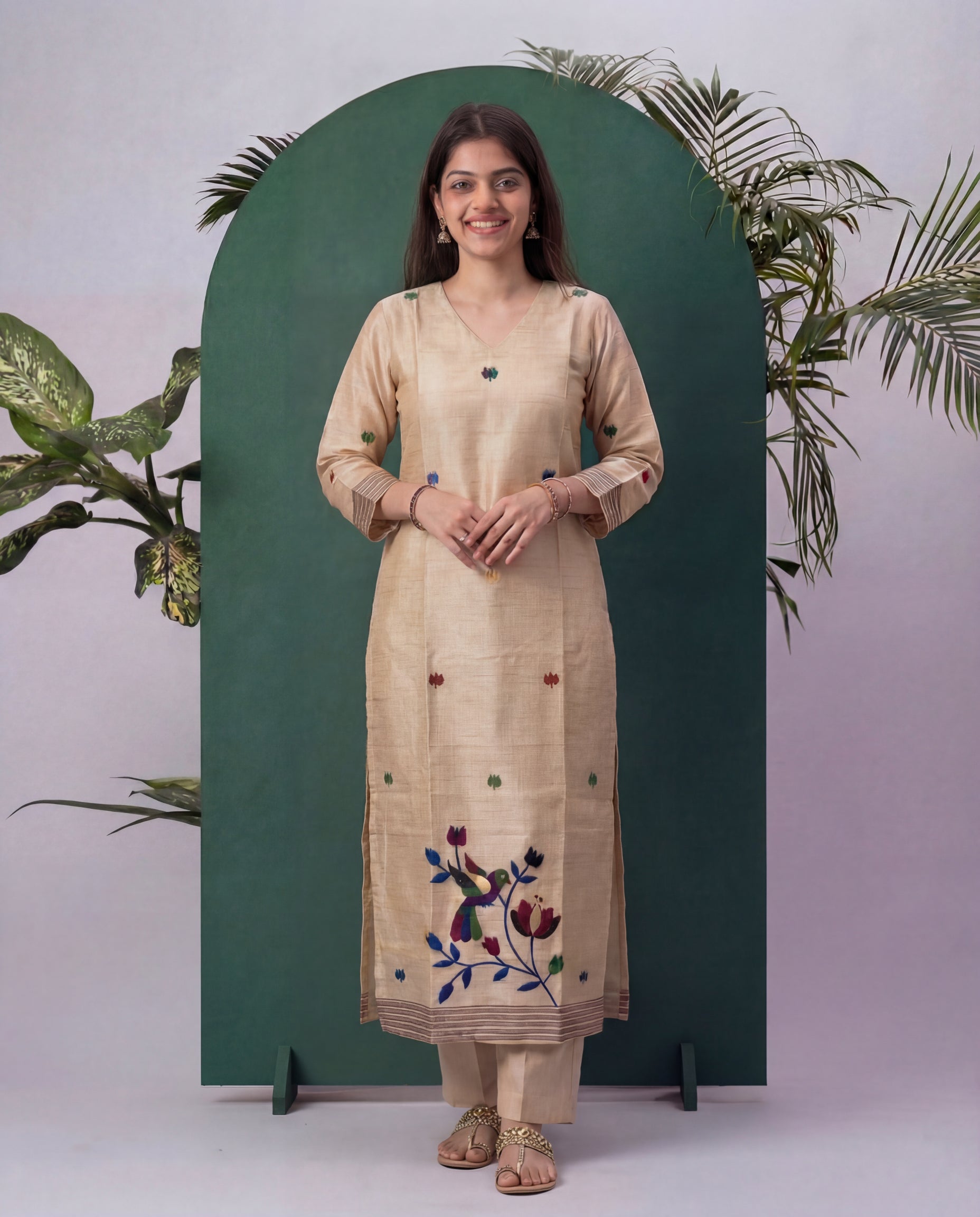 Sable Silk Beige Tussar Silk Stitched Suit Sets