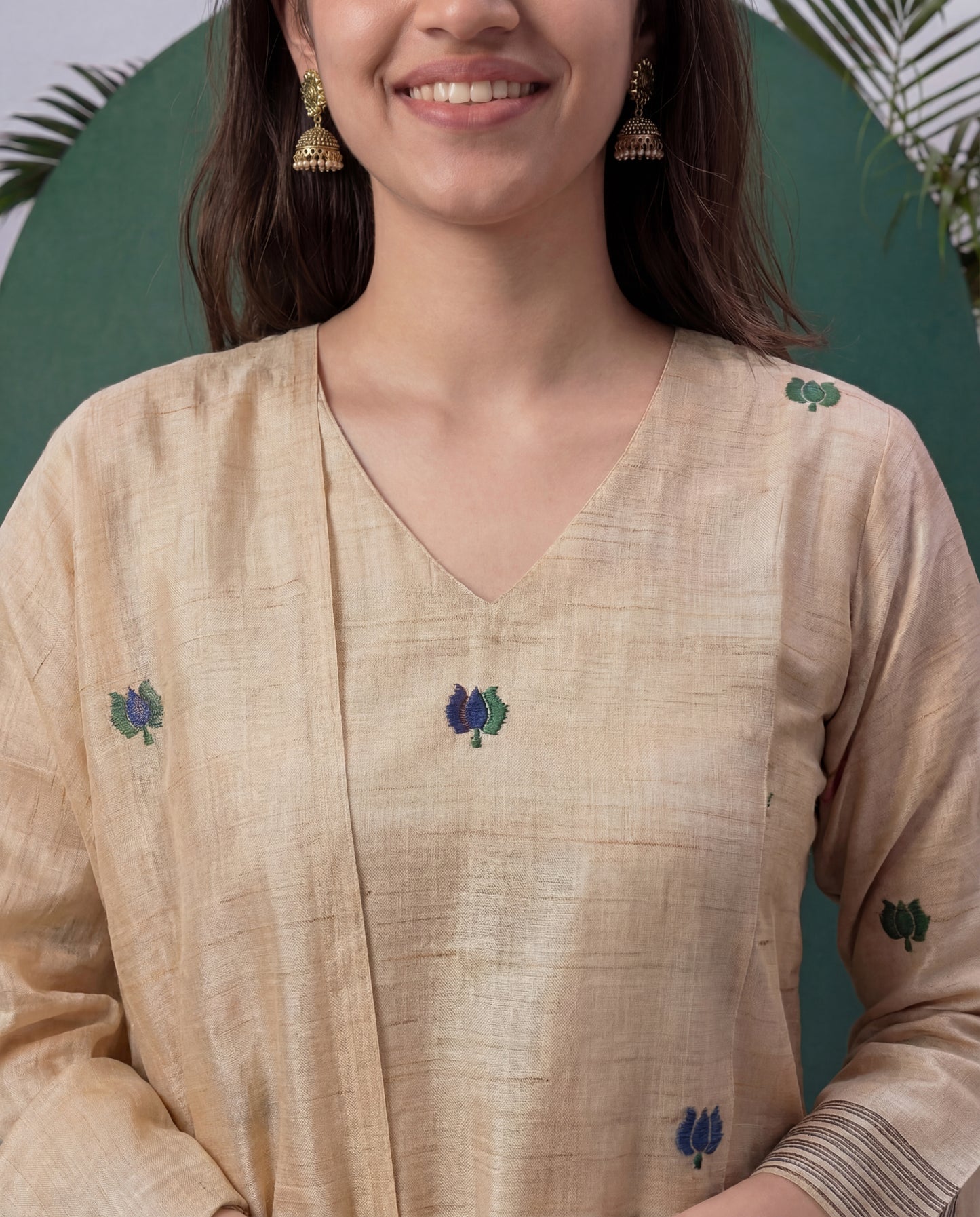 Sable Silk Beige Tussar Silk Stitched Suit Sets