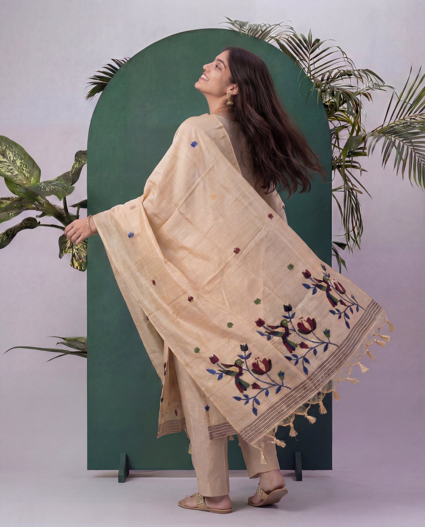 Sable Silk Beige Tussar Silk Stitched Suit Sets