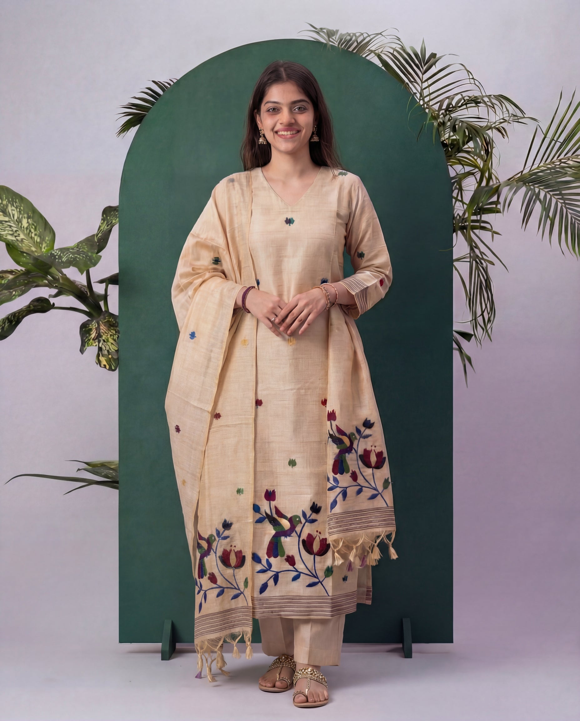 Sable Silk Beige Tussar Silk Stitched Suit Sets