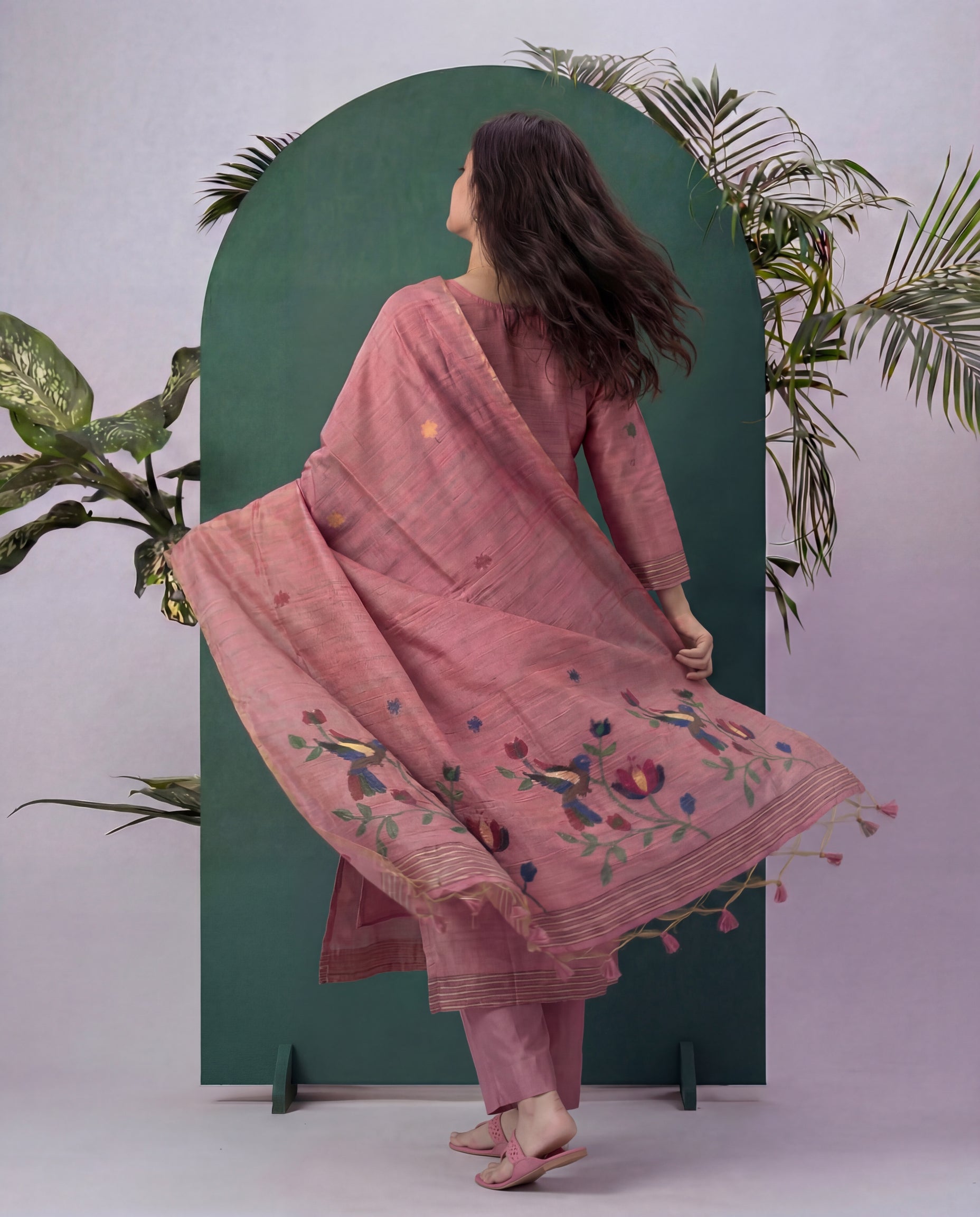 Sable Silk Pink Tussar Silk Stitched Suit Sets