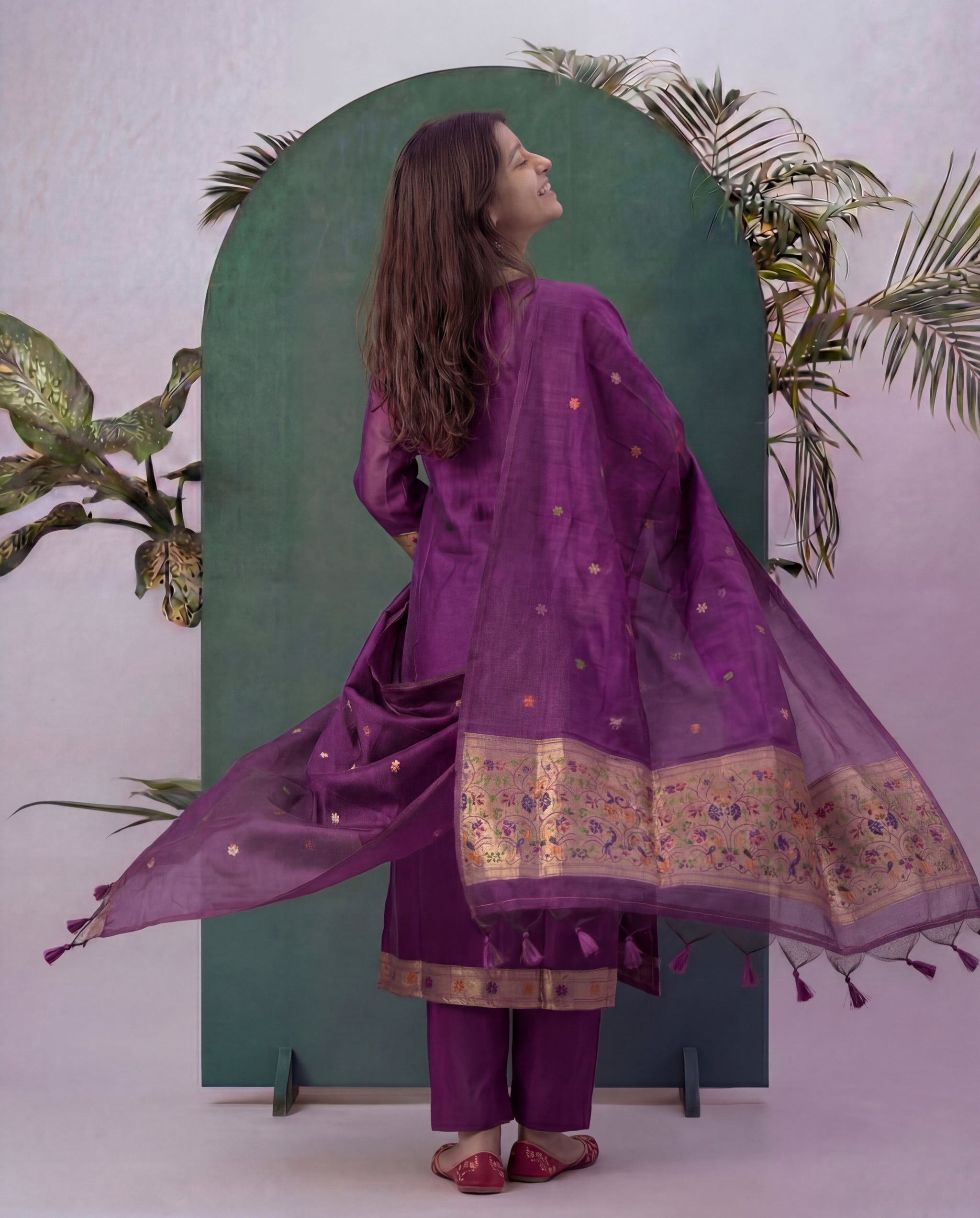 Peacock Grace Paithani Wine Muga Cotton Stitched Suit Sets