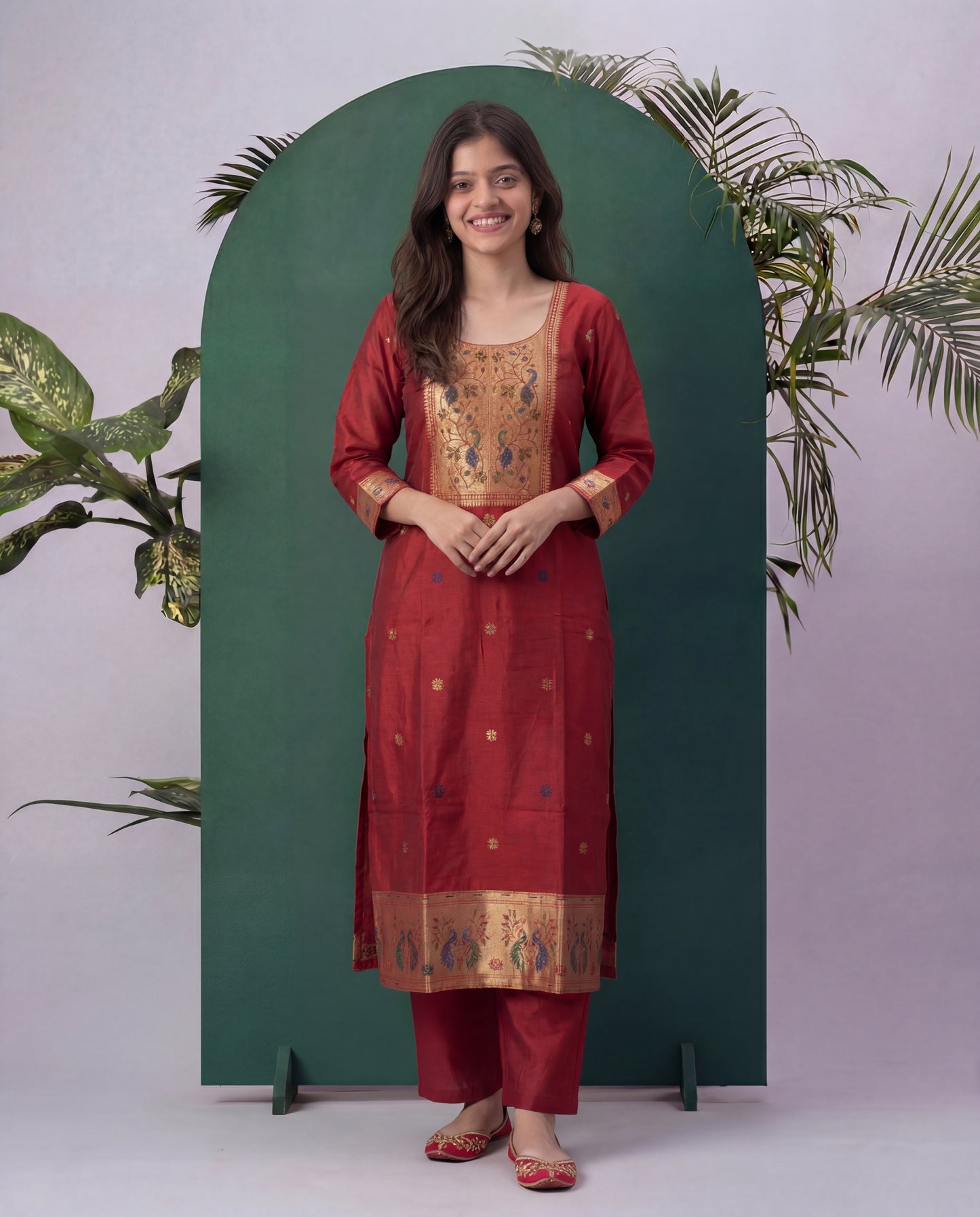 Peacock Grace Paithani Maroon Red Muga Cotton Stitched Suit Sets