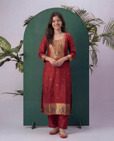 Peacock Grace Paithani Maroon Red Muga Cotton Stitched Suit Sets