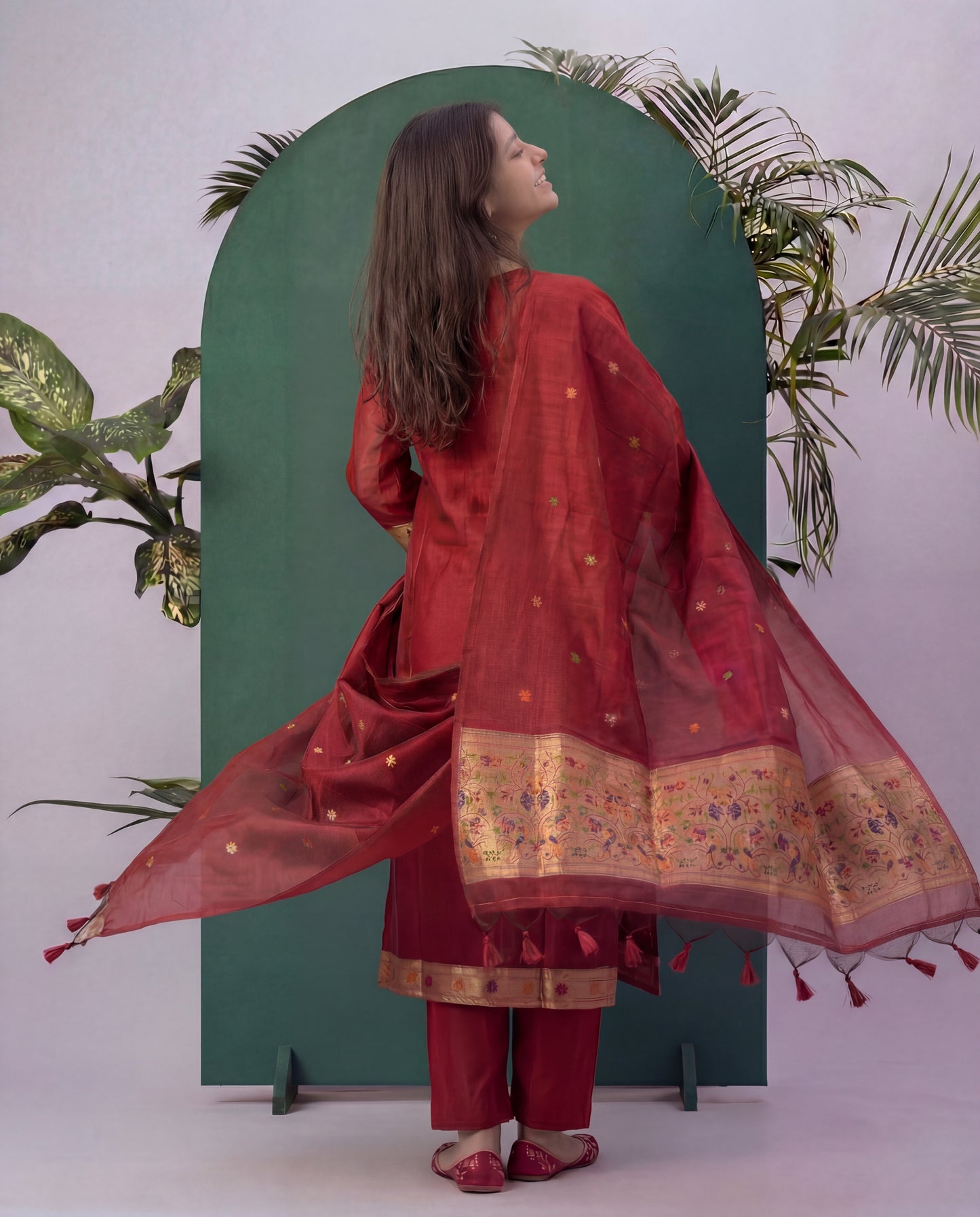Peacock Grace Paithani Maroon Red Muga Cotton Stitched Suit Sets