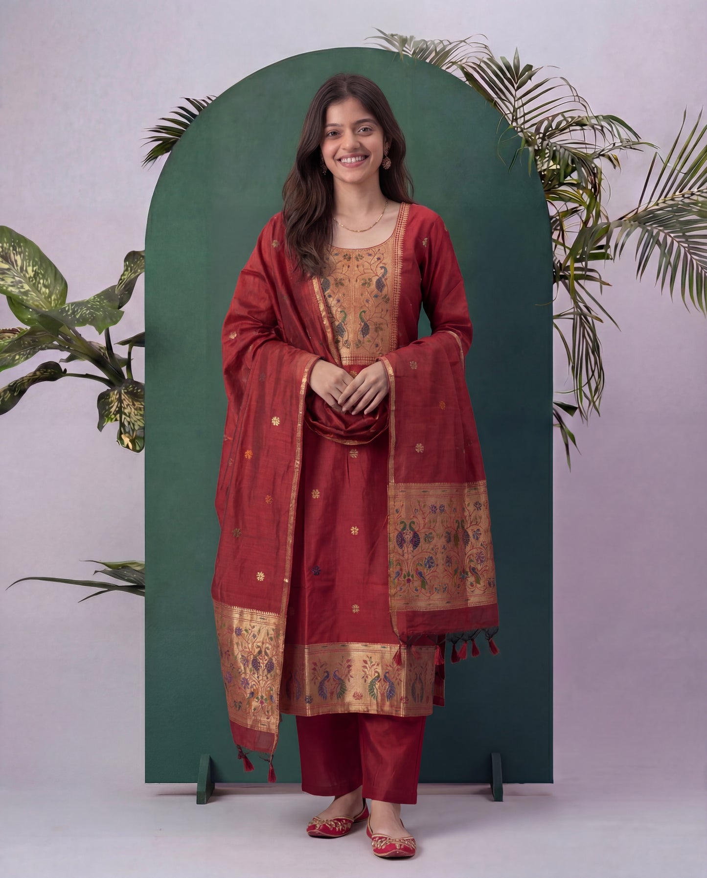 Peacock Grace Paithani Maroon Red Muga Cotton Stitched Suit Sets