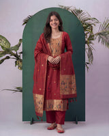 Peacock Grace Paithani Maroon Red Muga Cotton Stitched Suit Sets