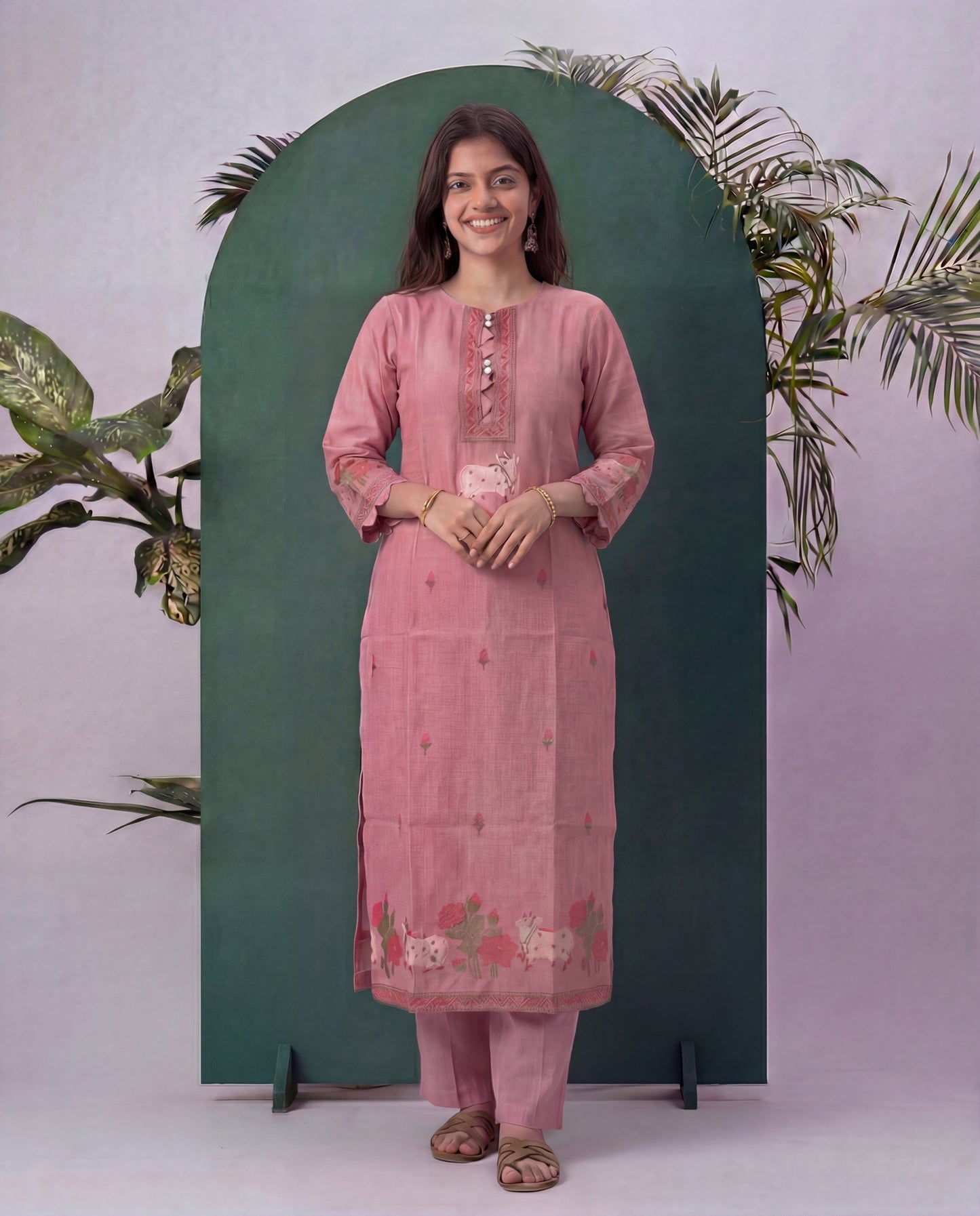 Bare Embellish Pink Muga Cotton Stitched Suit Sets
