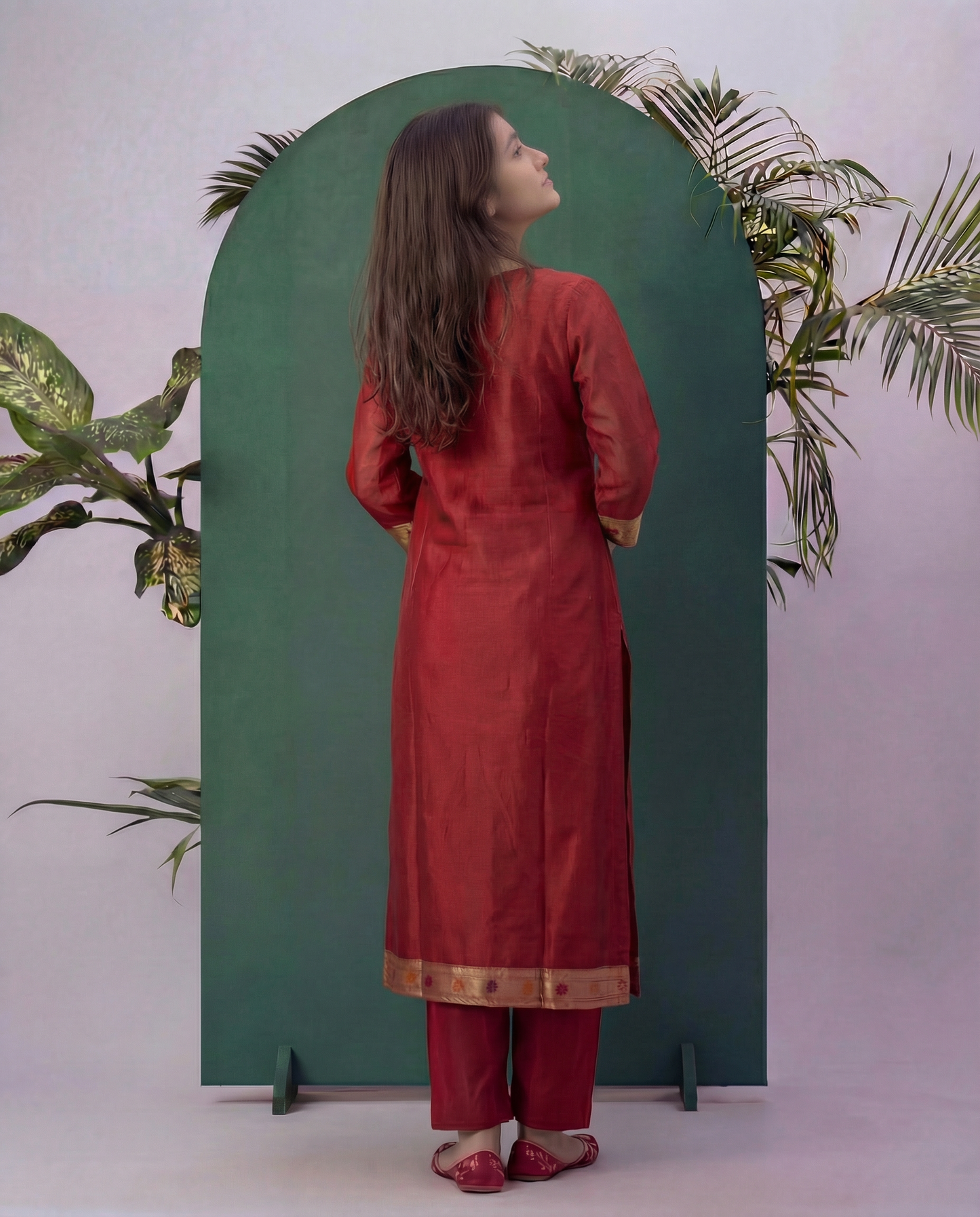 Peacock Grace Paithani Maroon Red Muga Cotton Stitched Suit Sets