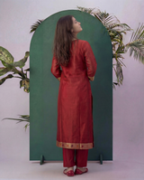 Peacock Grace Paithani Maroon Red Muga Cotton Stitched Suit Sets