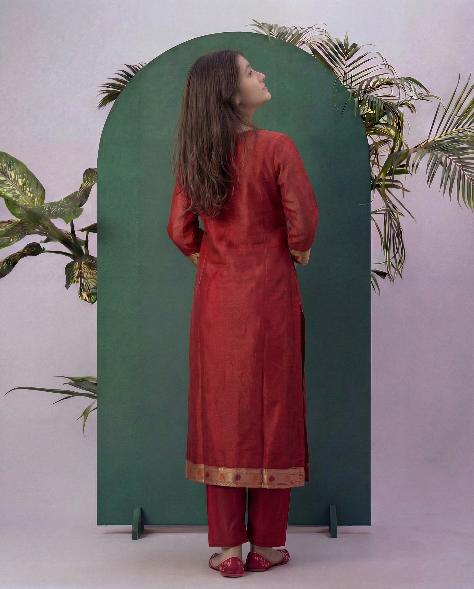 Peacock Grace Paithani Maroon Red Muga Cotton Stitched Suit Sets