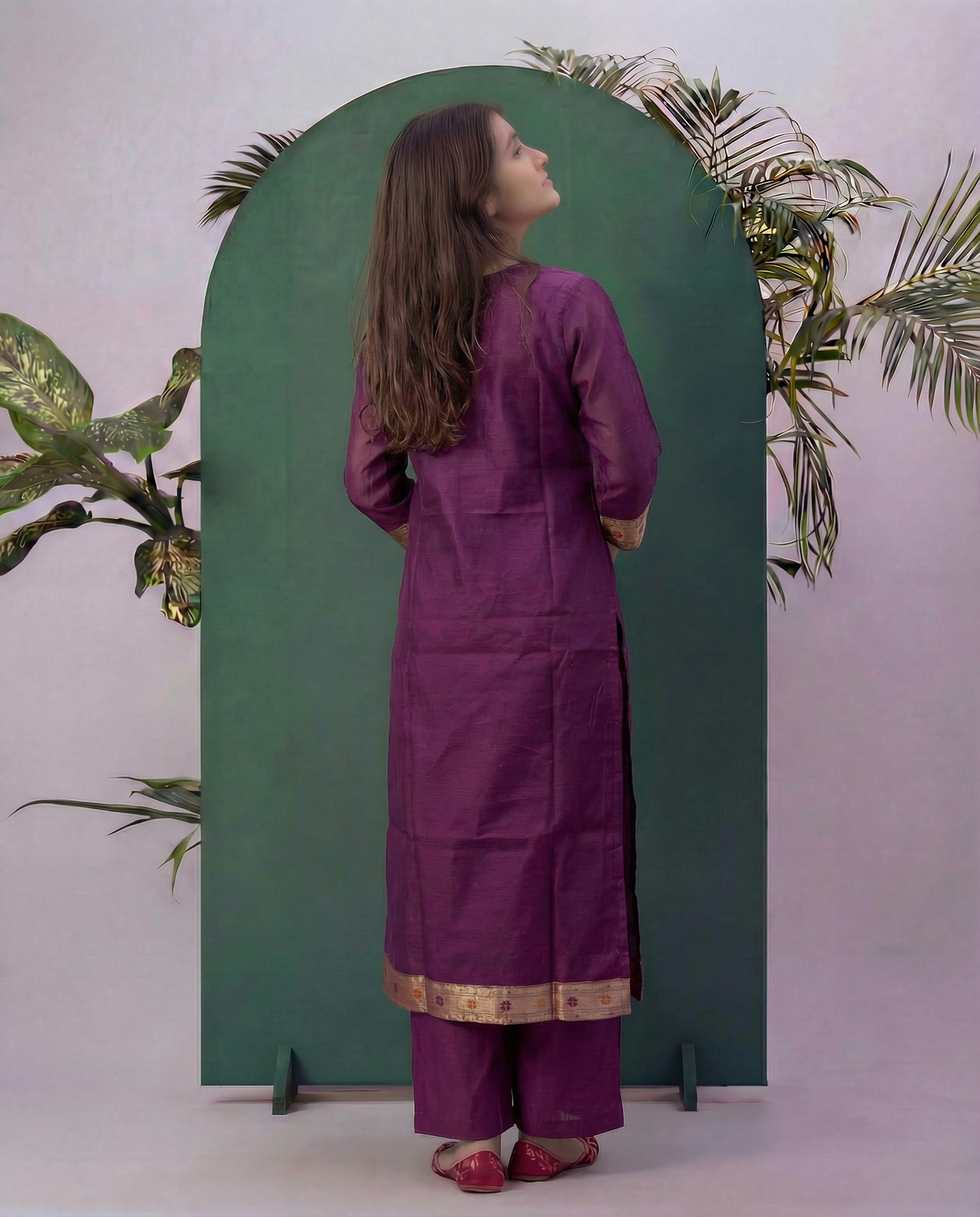 Peacock Grace Paithani Wine Muga Cotton Stitched Suit Sets