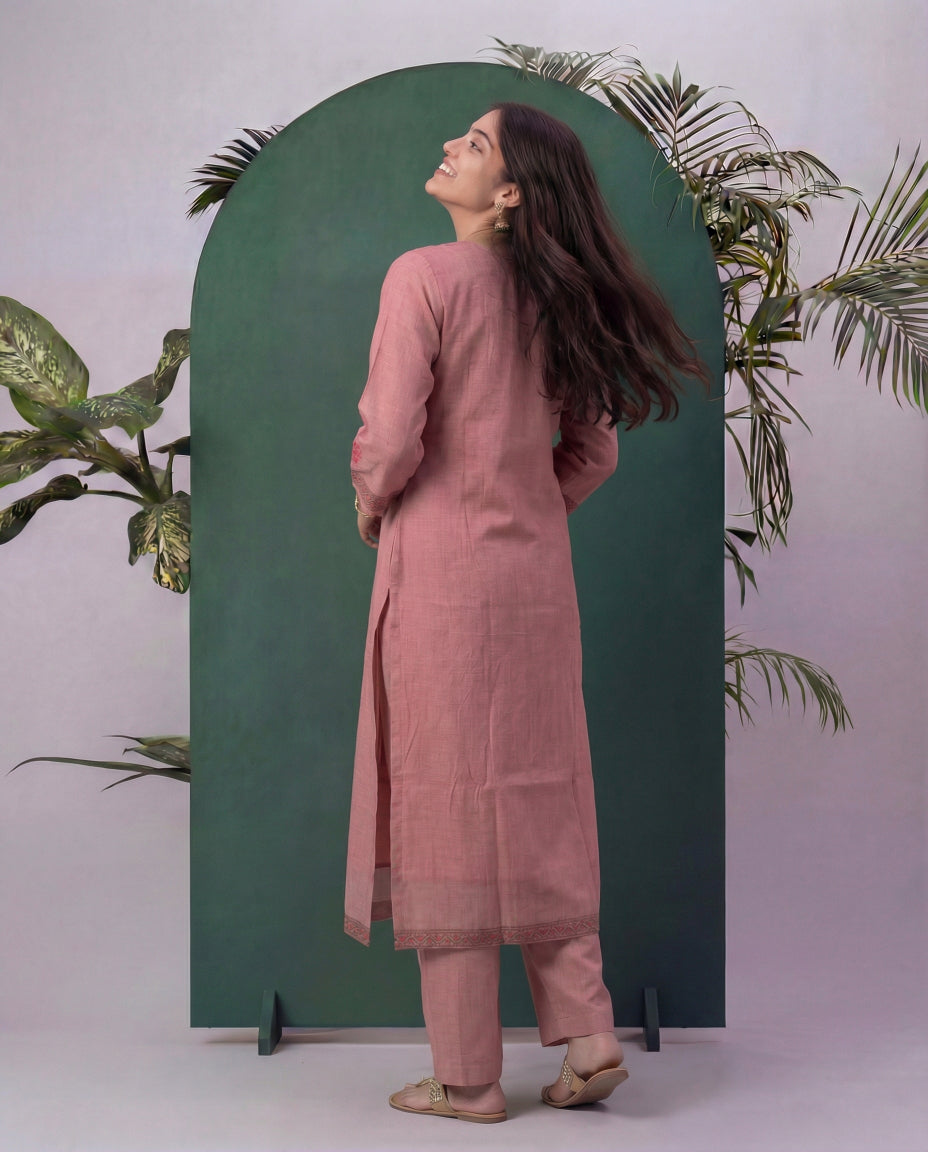 Bare Embellish Pink Muga Cotton Stitched Suit Sets
