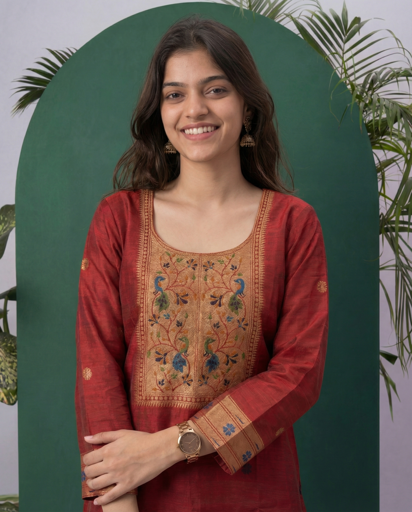Peacock Grace Paithani Maroon Red Muga Cotton Stitched Suit Sets