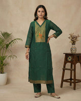 Dreamy Finch Dark Green Muga Cotton Stitched Suit Sets