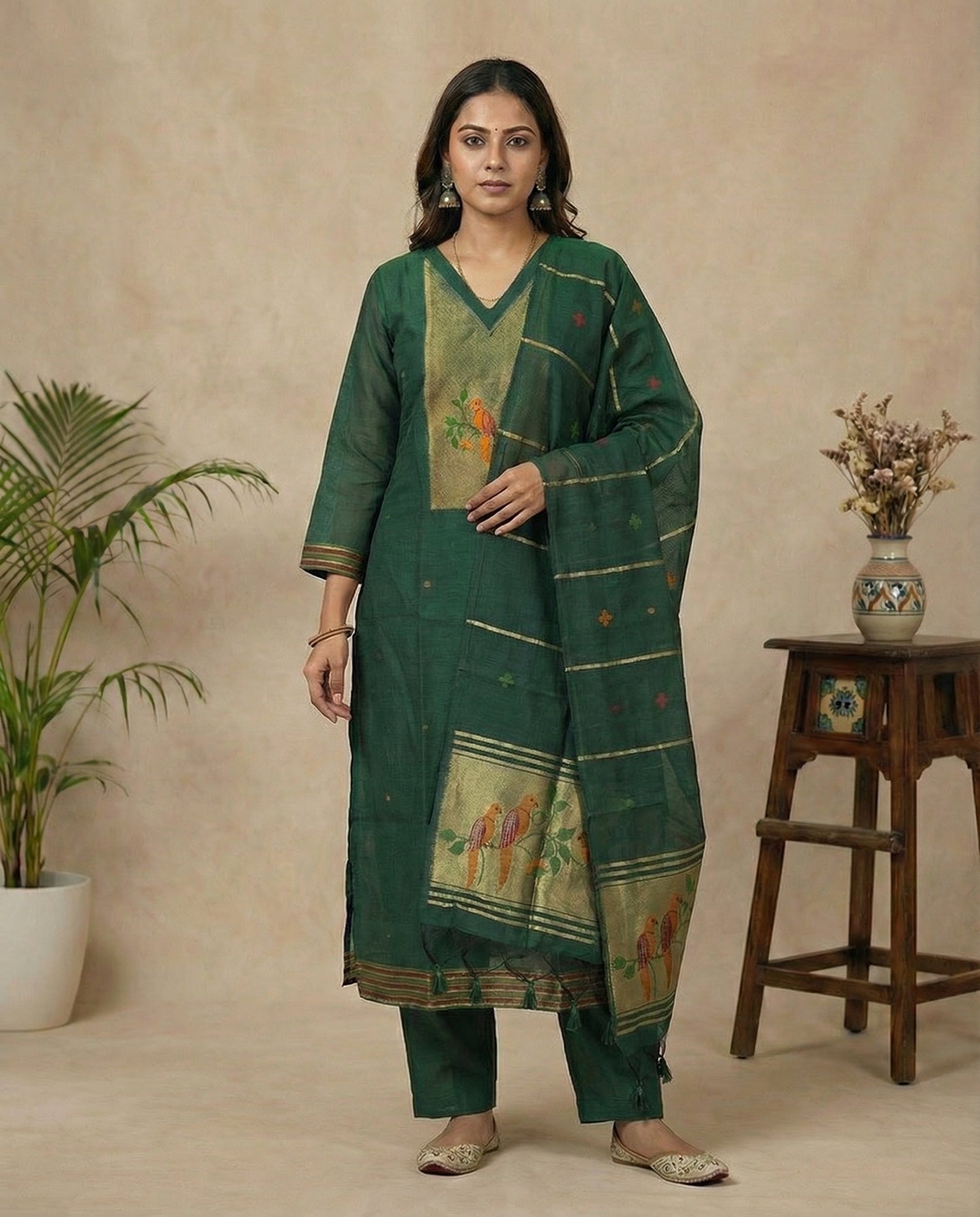Dreamy Finch Dark Green Muga Cotton Stitched Suit Sets