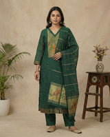 Dreamy Finch Dark Green Muga Cotton Stitched Suit Sets