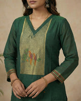 Dreamy Finch Dark Green Muga Cotton Stitched Suit Sets