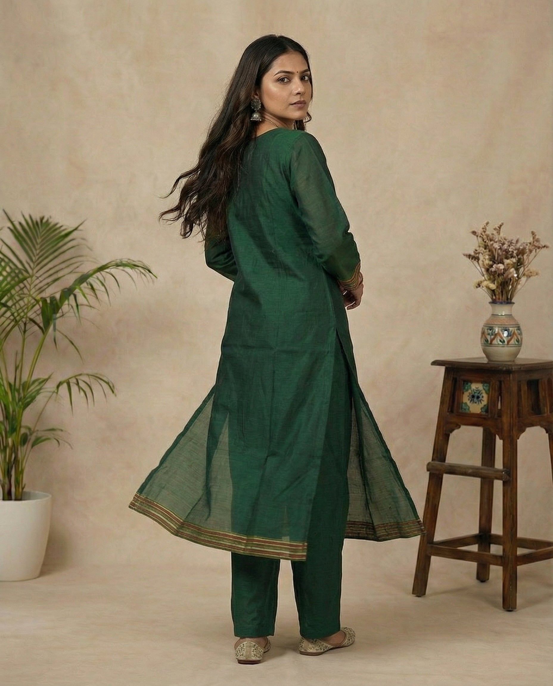 Dreamy Finch Dark Green Muga Cotton Stitched Suit Sets