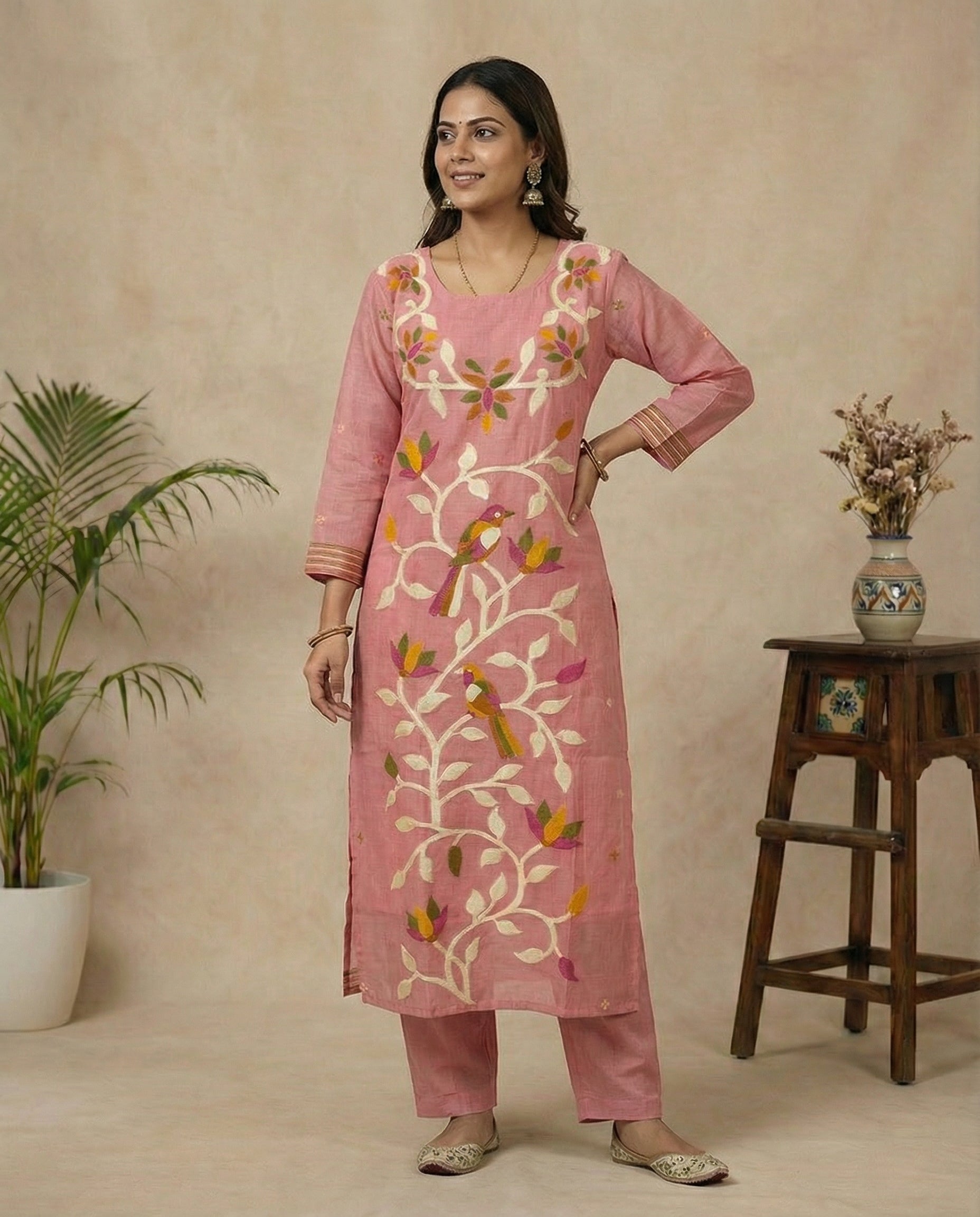 Floral Glow Pink Muga Cotton Stitched Suit Sets