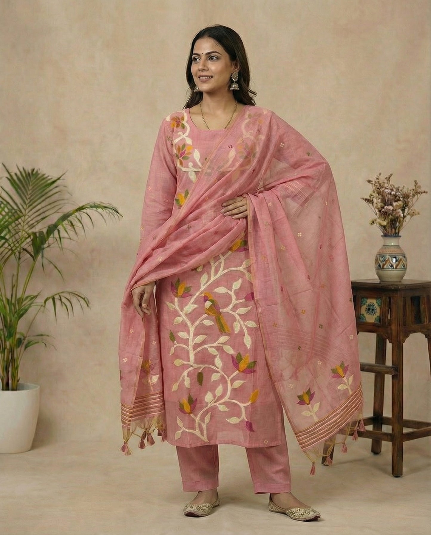 Floral Glow Pink Muga Cotton Stitched Suit Sets