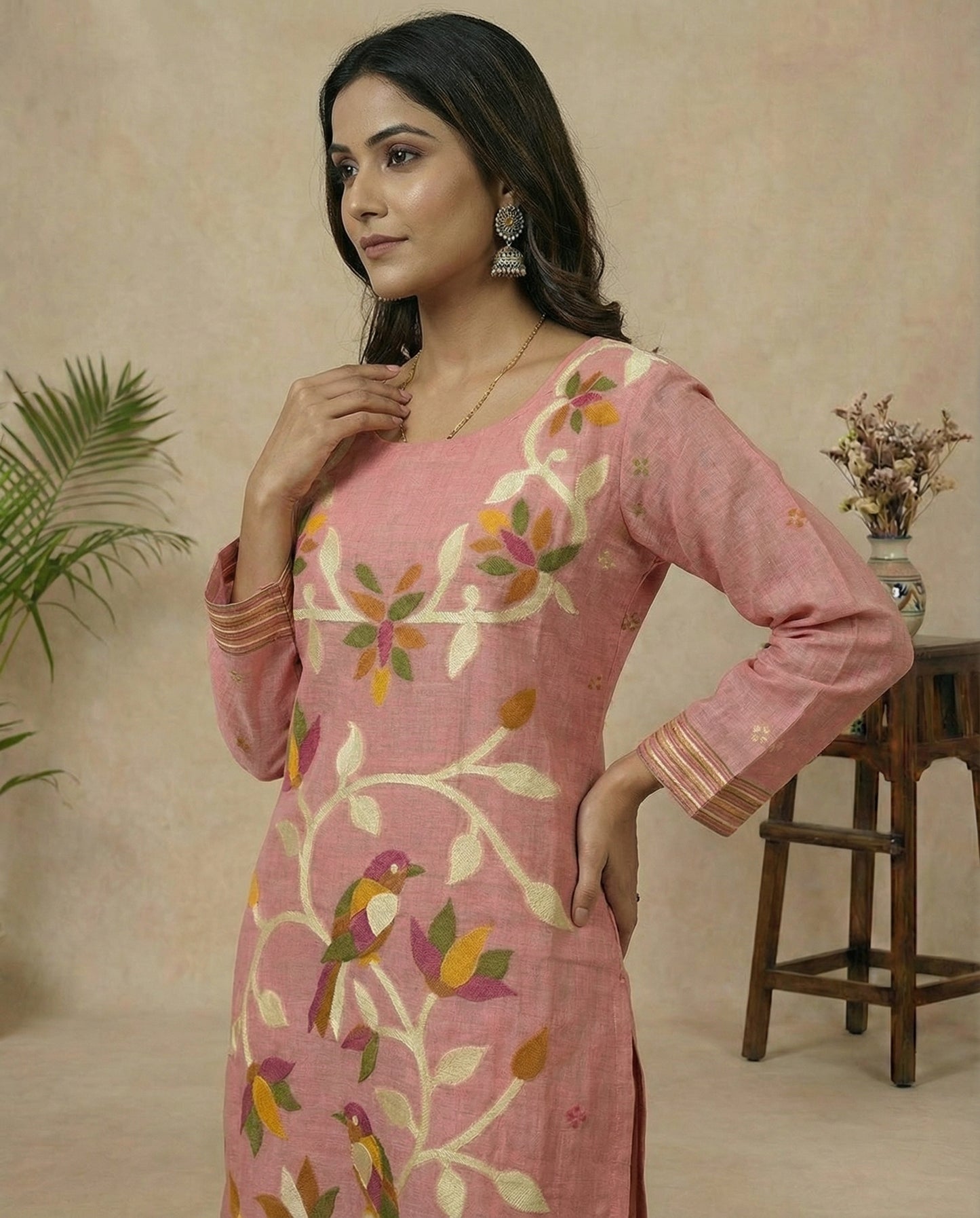 Floral Glow Pink Muga Cotton Stitched Suit Sets