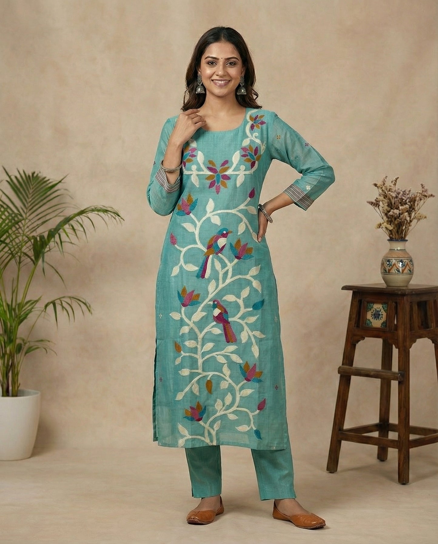 Floral Glow Blue Muga Cotton Stitched Suit Sets