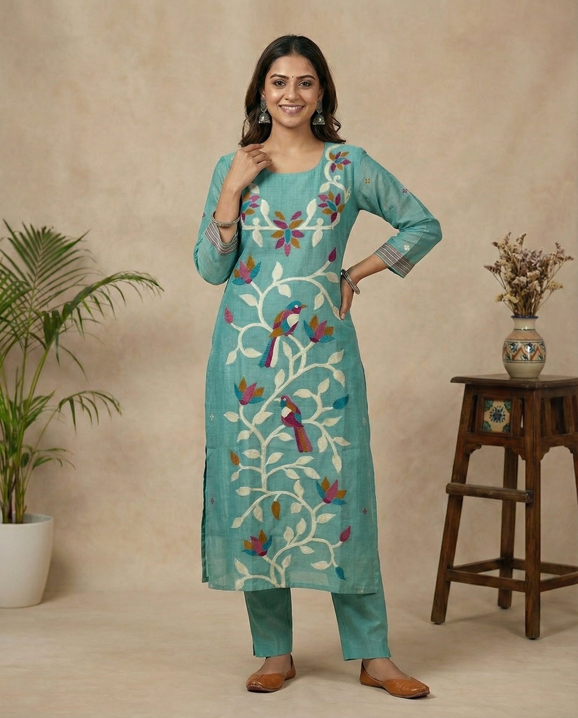 Floral Glow Blue Muga Cotton Stitched Suit Sets