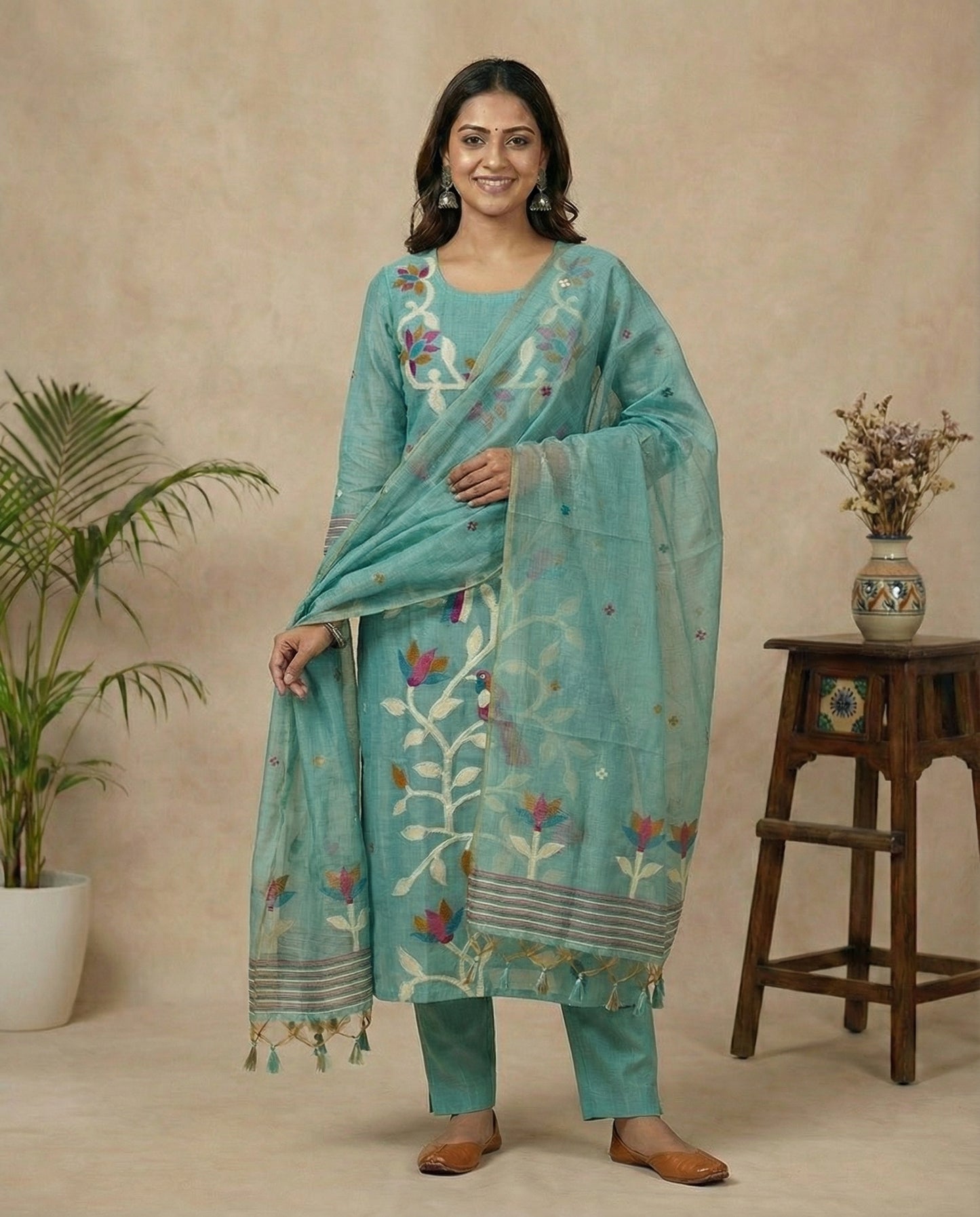 Floral Glow Blue Muga Cotton Stitched Suit Sets