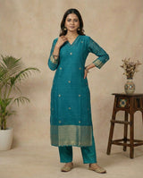 Classic Charm Teal Muga Silk Stitched Suit Sets