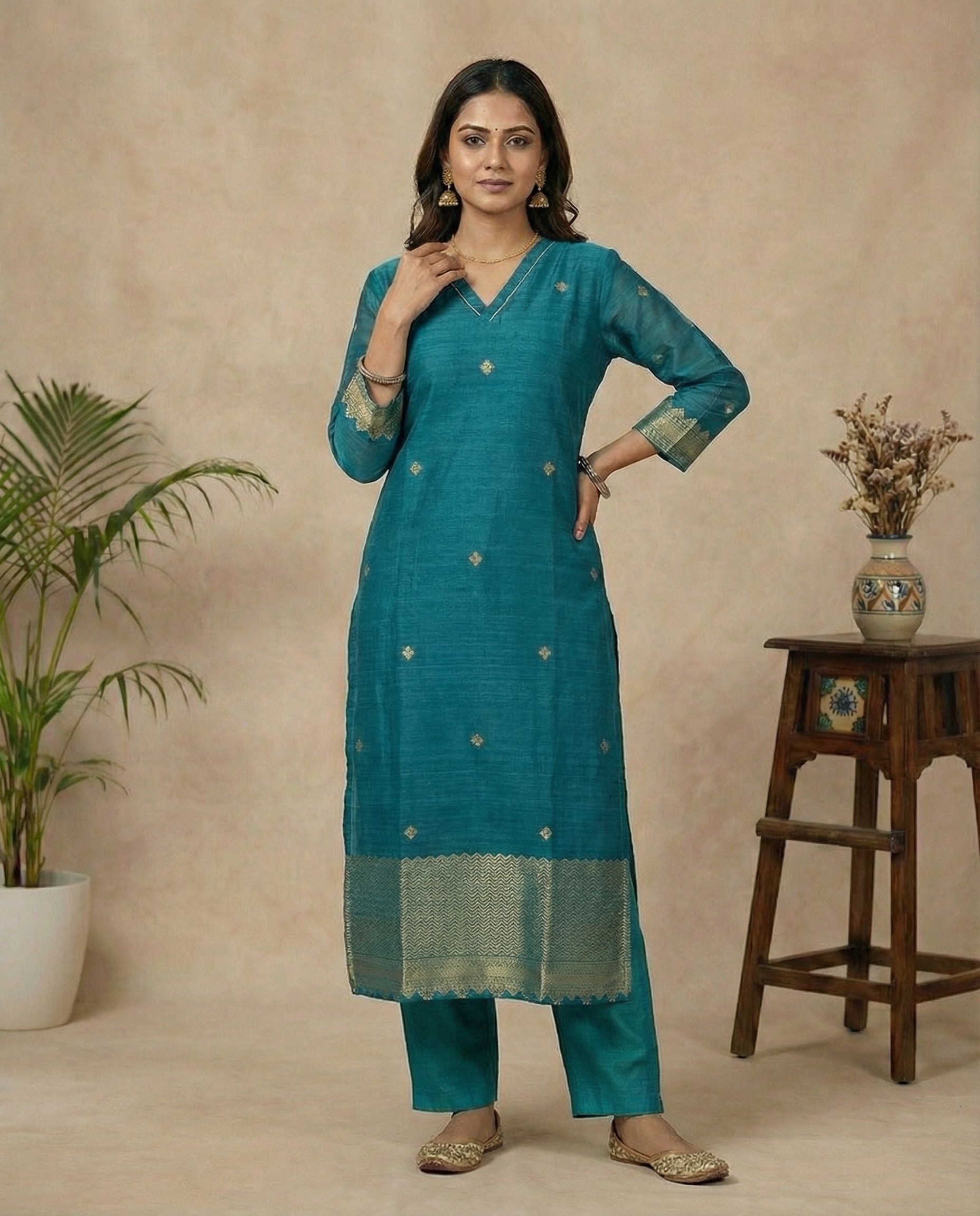 Classic Charm Teal Muga Silk Stitched Suit Sets