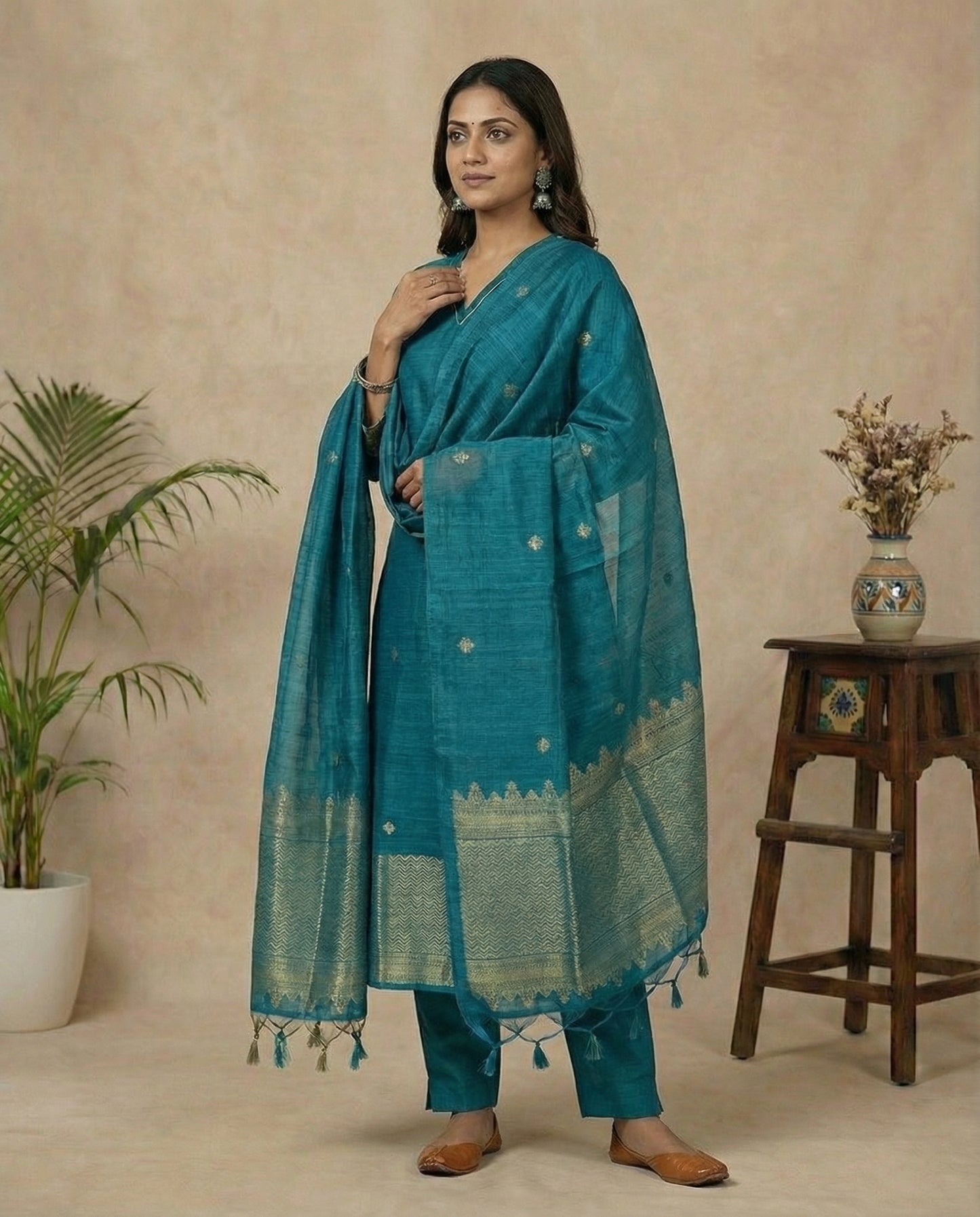 Classic Charm Teal Muga Silk Stitched Suit Sets