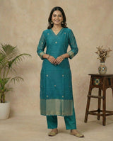 Classic Charm Teal Muga Silk Stitched Suit Sets