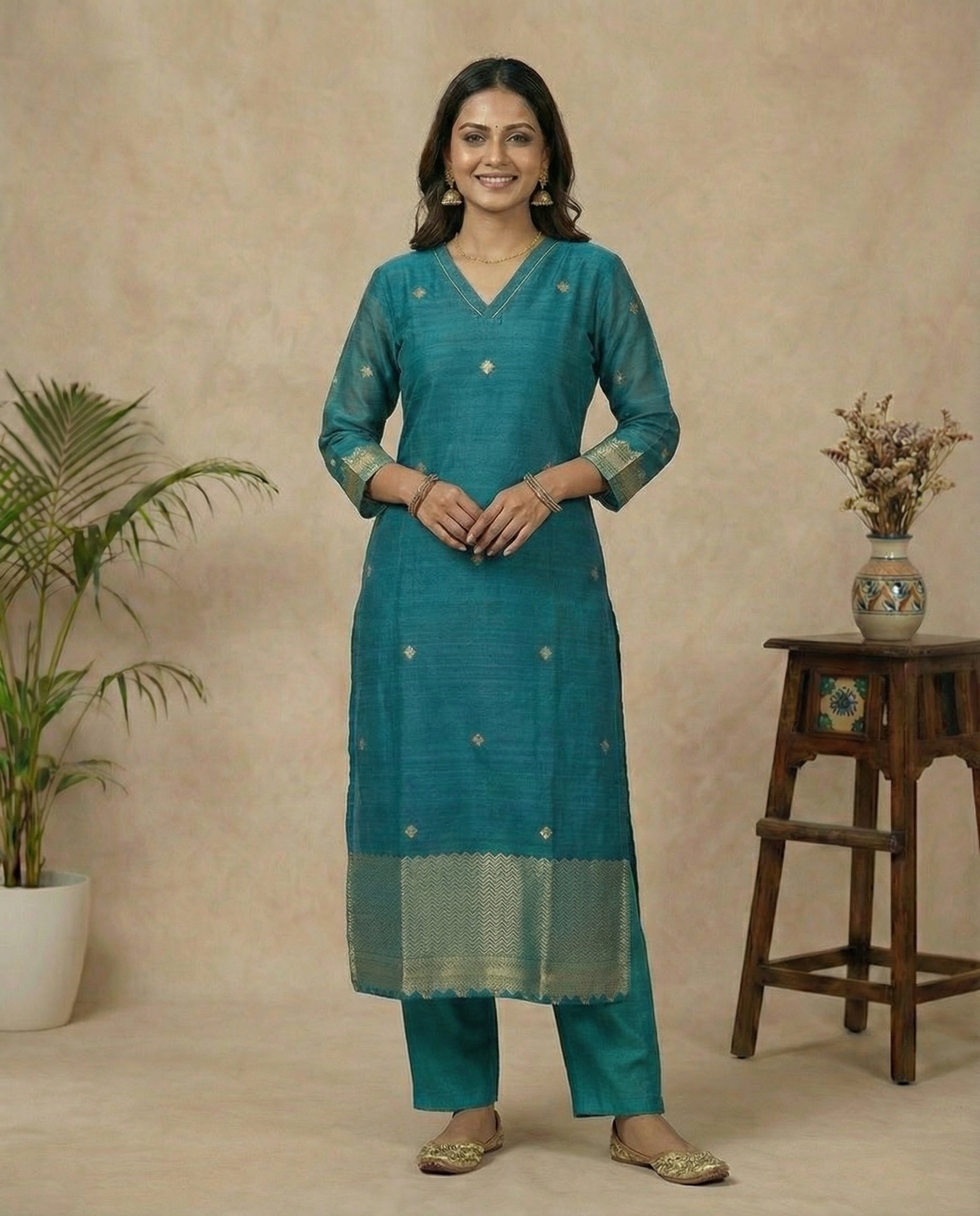 Classic Charm Teal Muga Silk Stitched Suit Sets