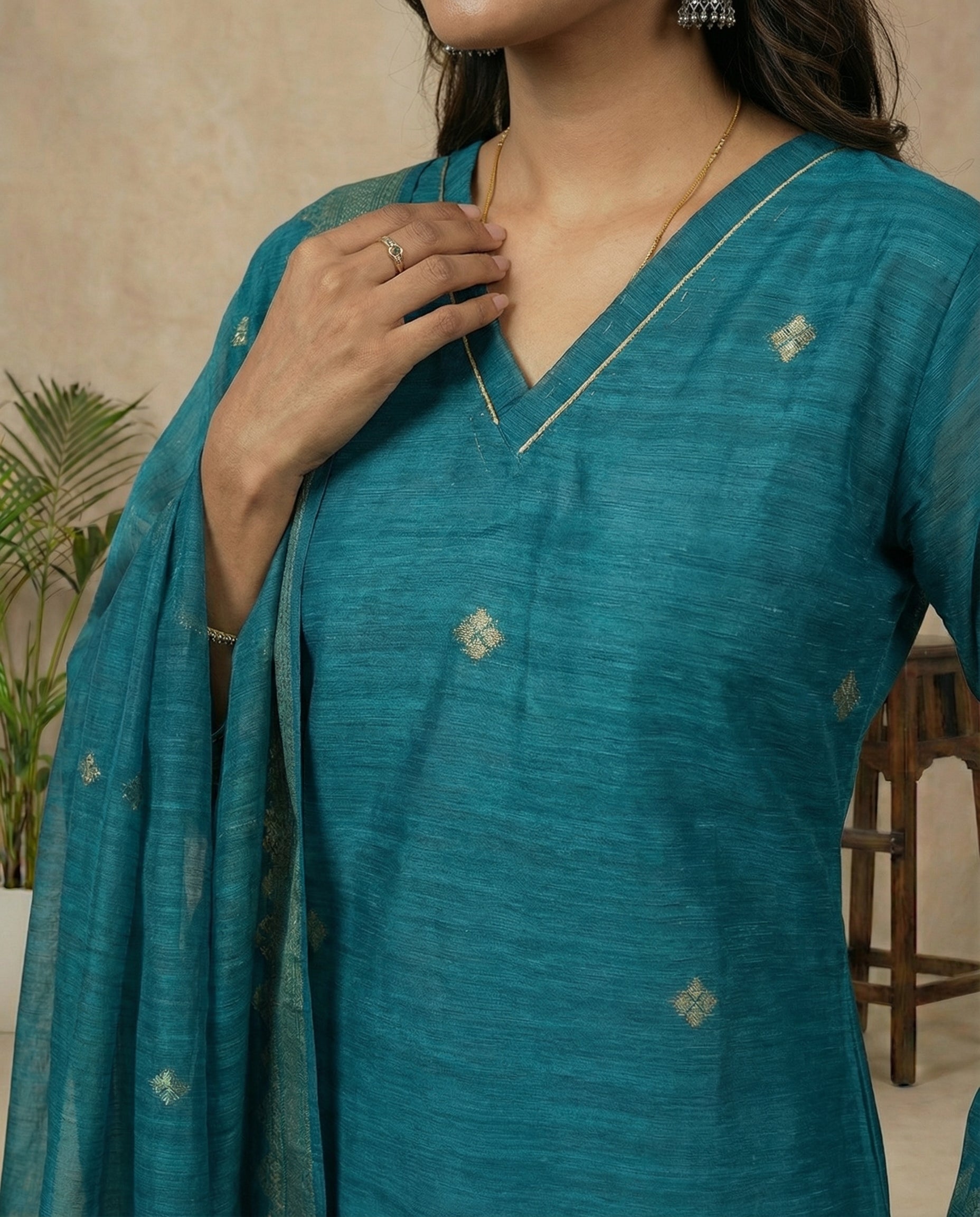 Classic Charm Teal Muga Silk Stitched Suit Sets