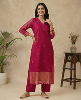 Classic Charm Hot Pink Muga Silk Stitched Suit Sets