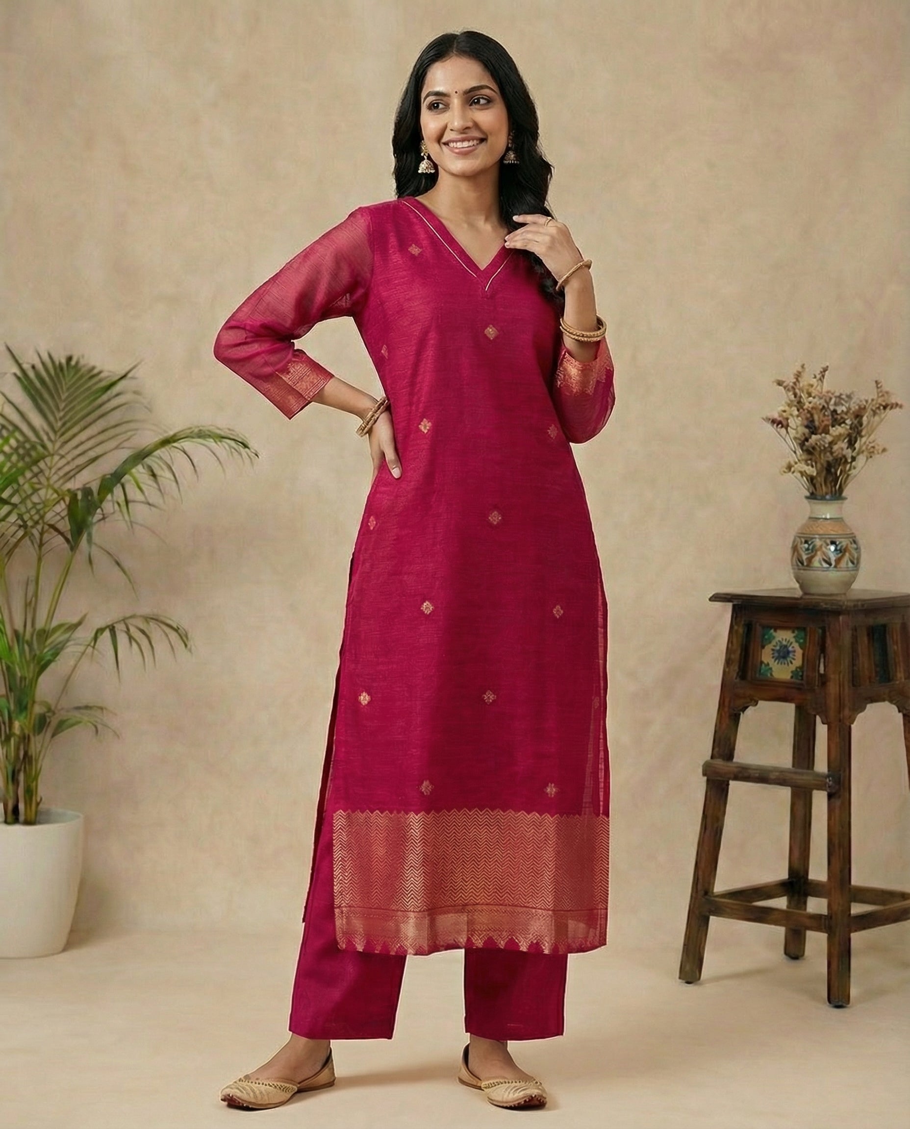 Classic Charm Hot Pink Muga Silk Stitched Suit Sets