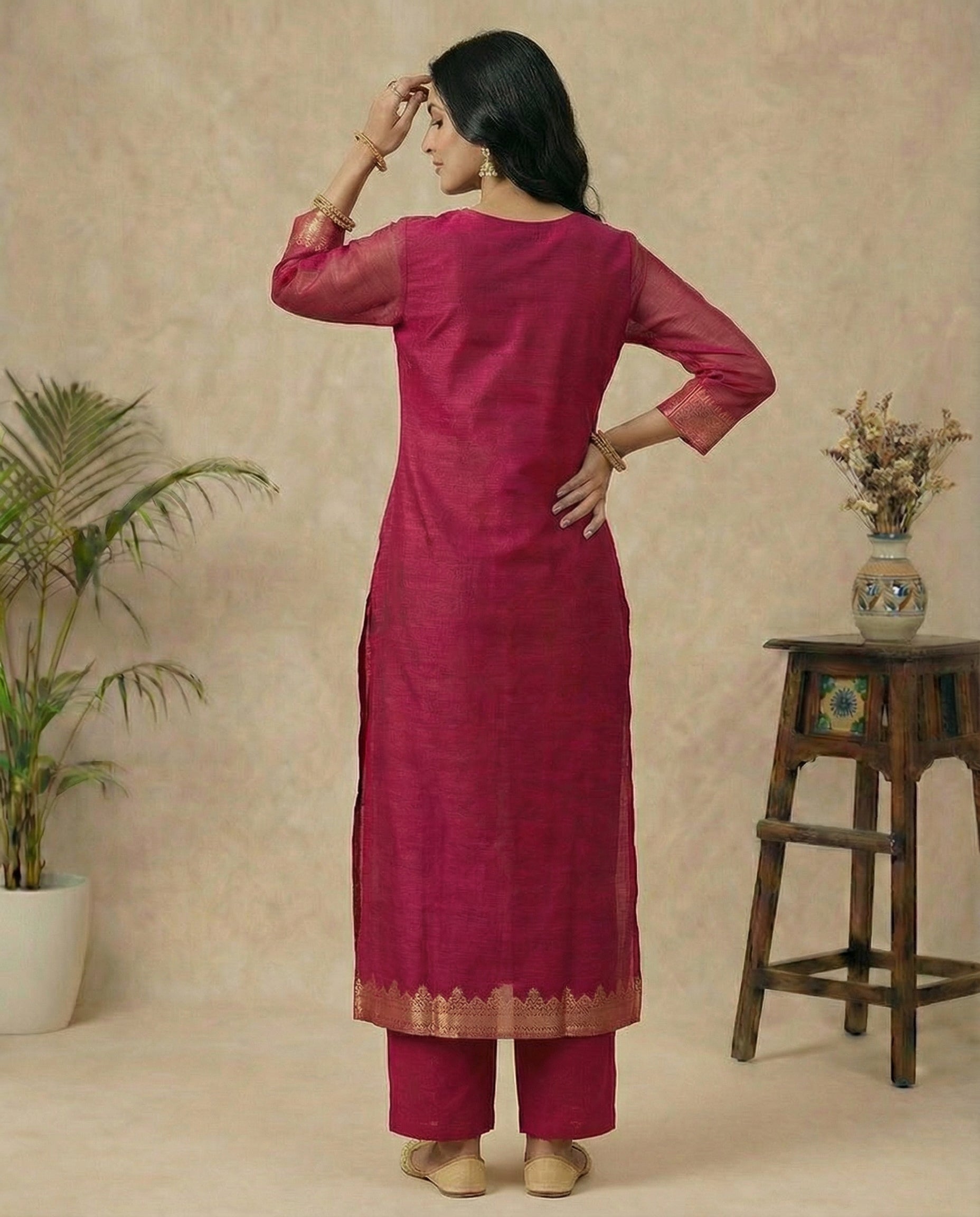 Classic Charm Hot Pink Muga Silk Stitched Suit Sets