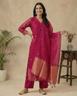 Classic Charm Hot Pink Muga Silk Stitched Suit Sets