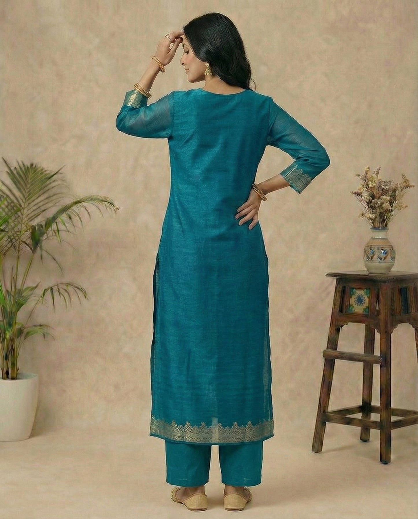 Classic Charm Teal Muga Silk Stitched Suit Sets