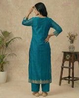 Classic Charm Teal Muga Silk Stitched Suit Sets